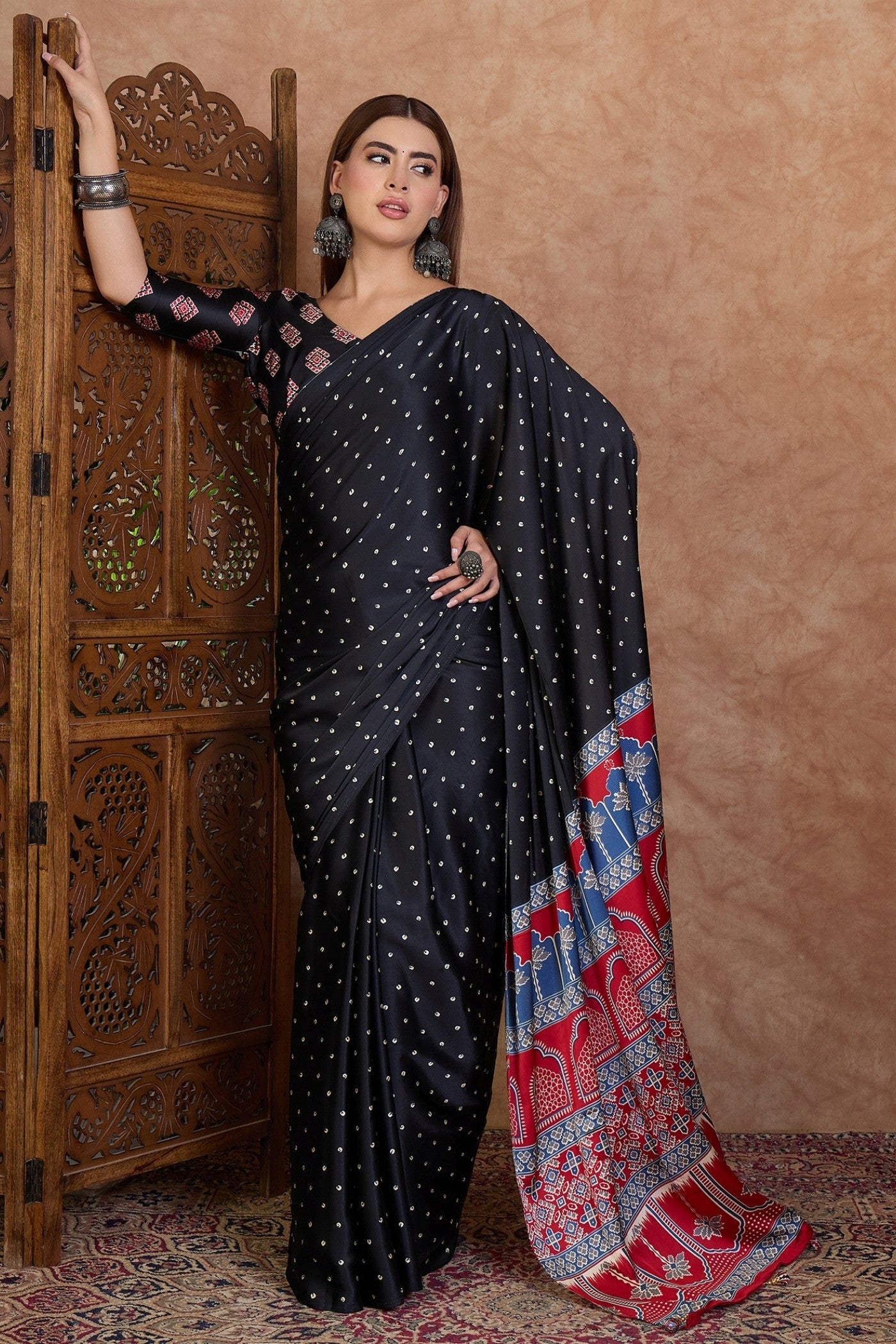 Buy MySilkLove Obsidian Black Ajrakh Printed Satin Crepe Silk Saree Online