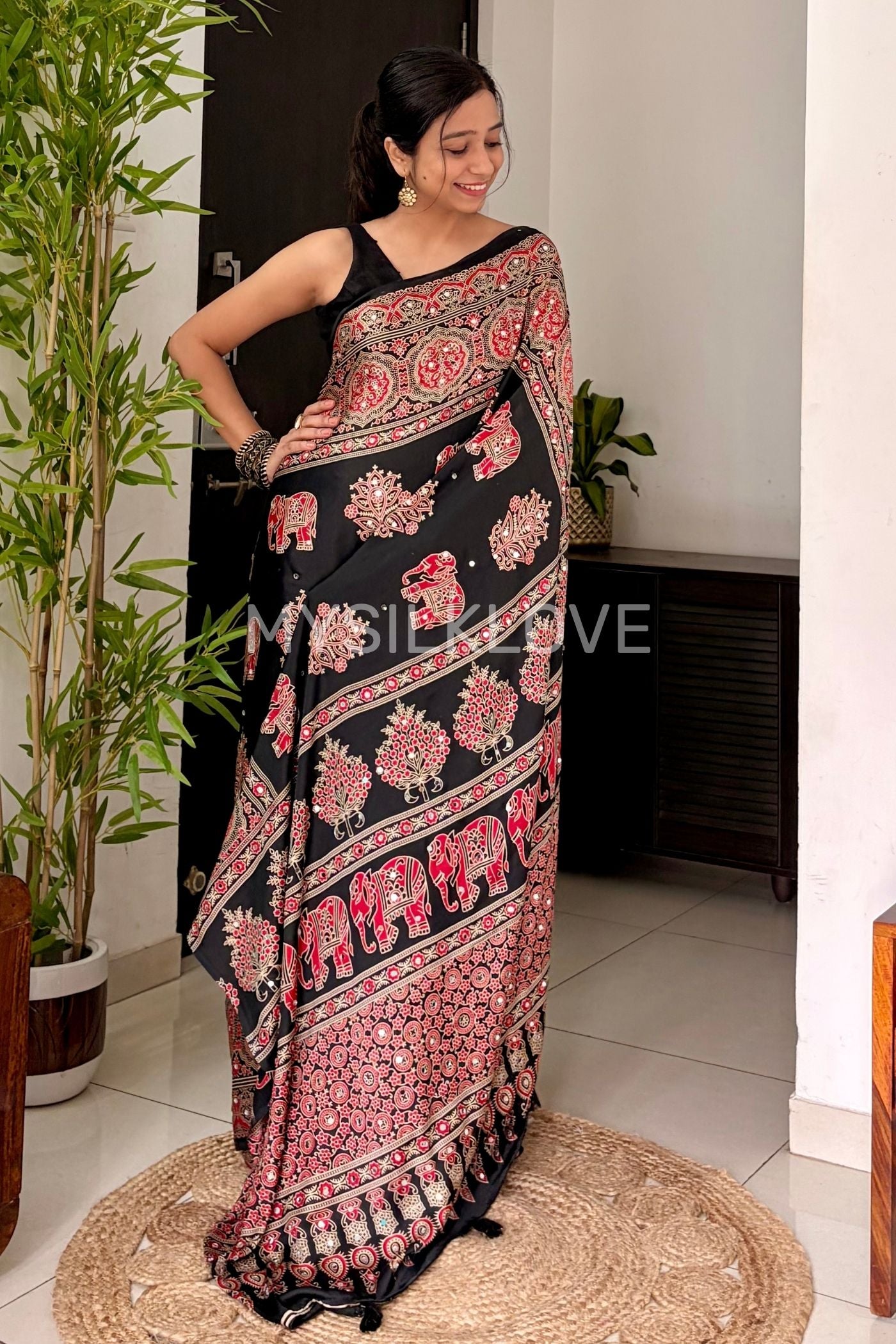 Buy MySilkLove Raven Black Ajrakh Satin Printed Mirror Work Saree Online