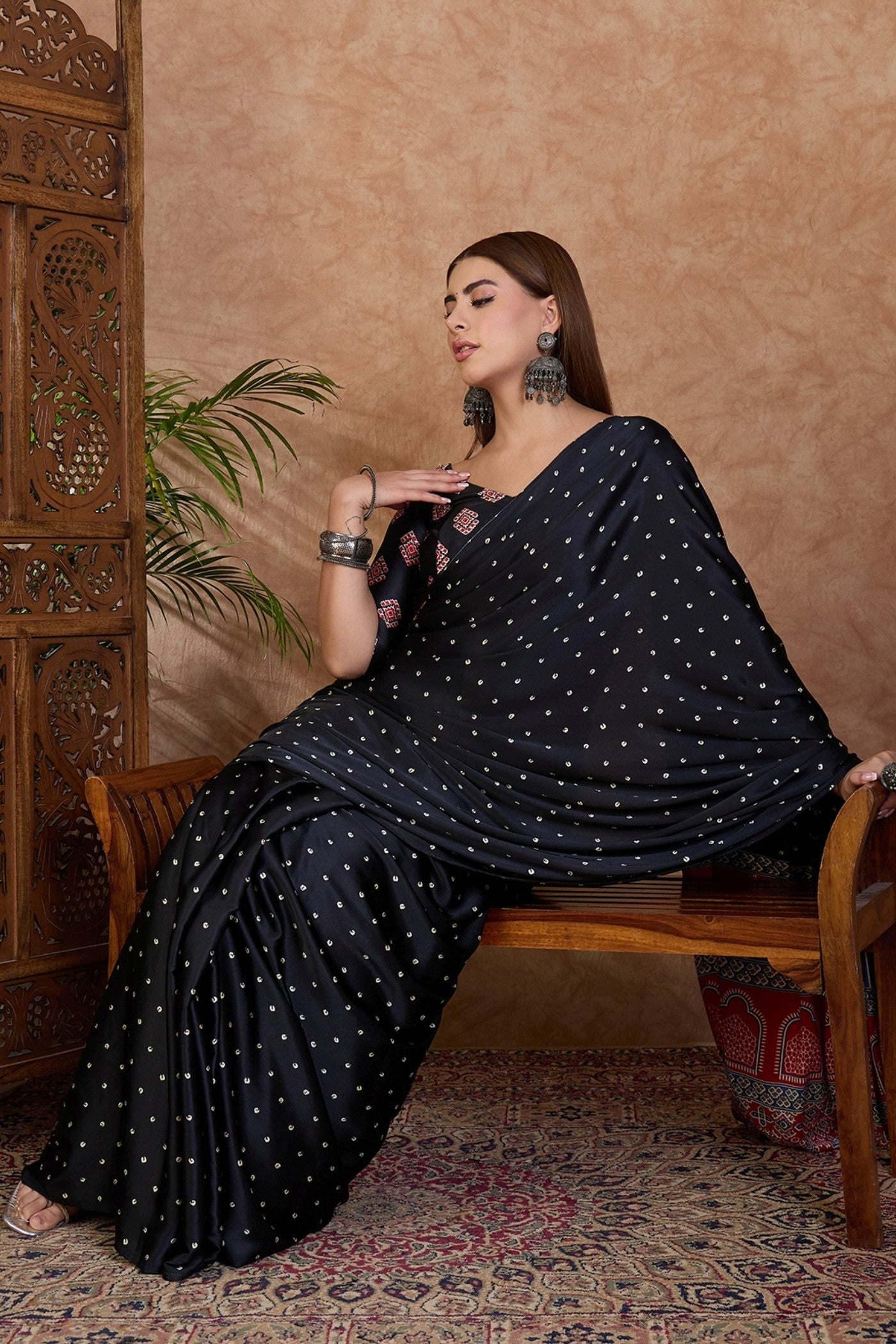 Buy MySilkLove Obsidian Black Ajrakh Printed Satin Crepe Silk Saree Online