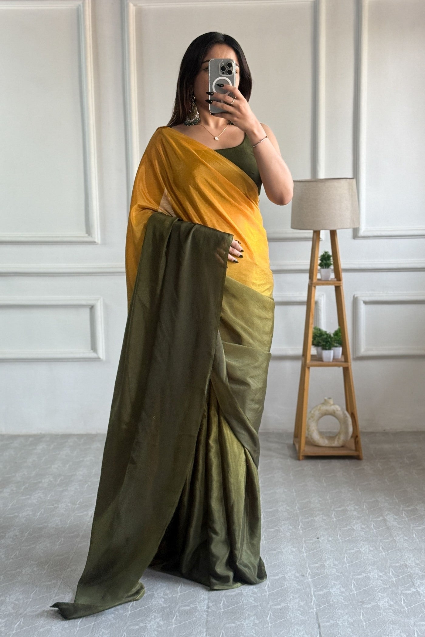 Buy MySilkLove Minion Yellow and Green Chinon Ready To Wear Saree Online