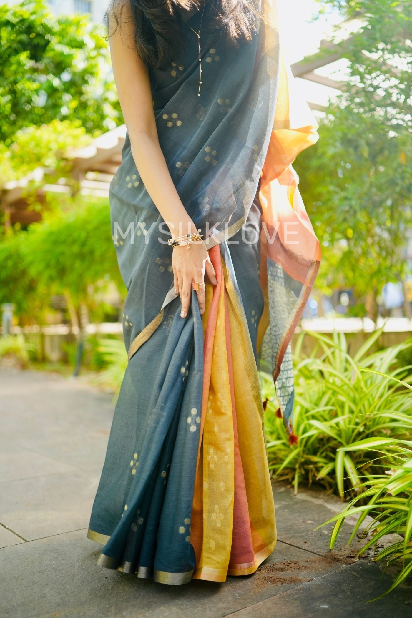 Buy MySilkLove Ink Black and Yellow Handloom Cotton Saree Online