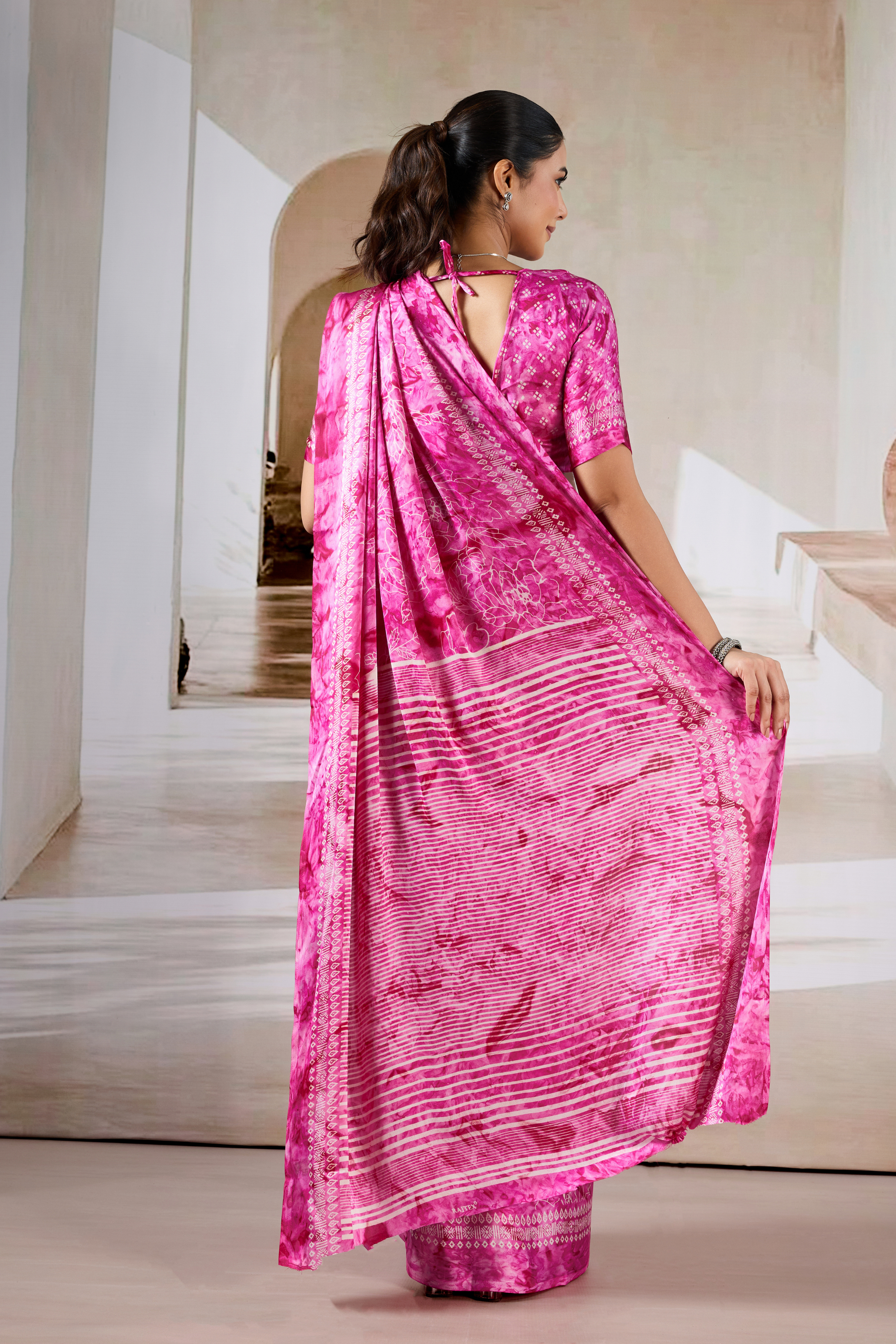 Buy MySilkLove Blossom Pink Modal Satin Hand Prism Print Saree Online