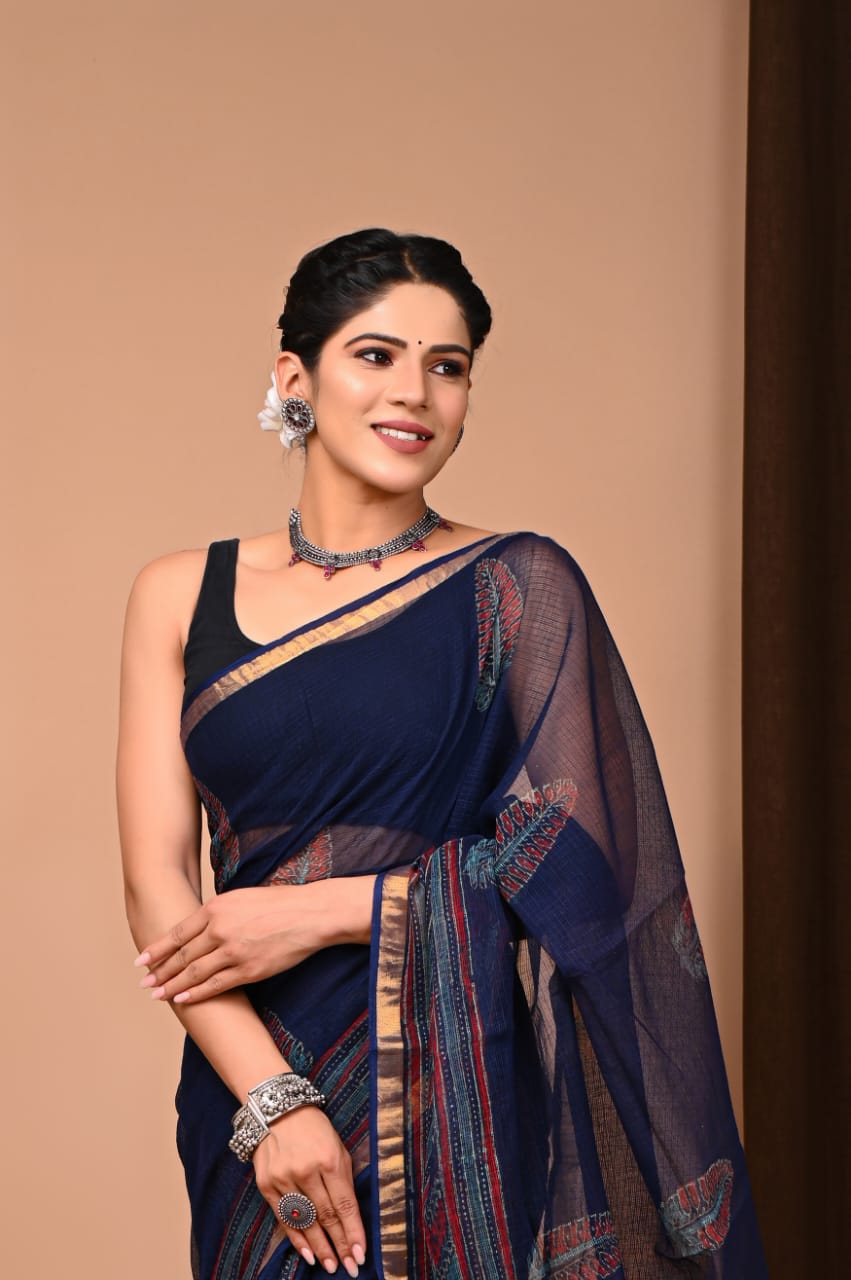 MySilkLove Martinique Blue Handblock Kota Doriya Saree