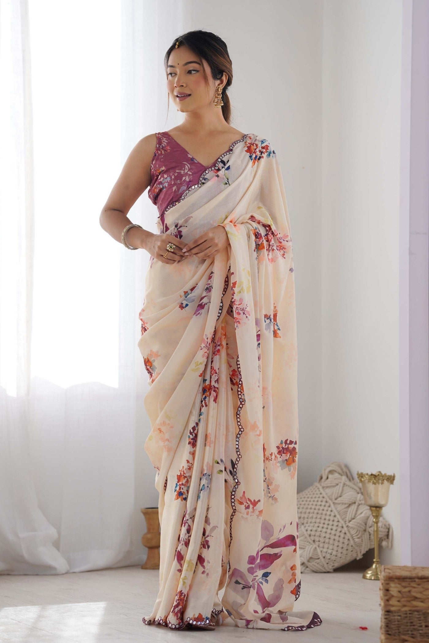 Buy MySilkLove Vanila Cream Digital Printed Chinon Saree Online