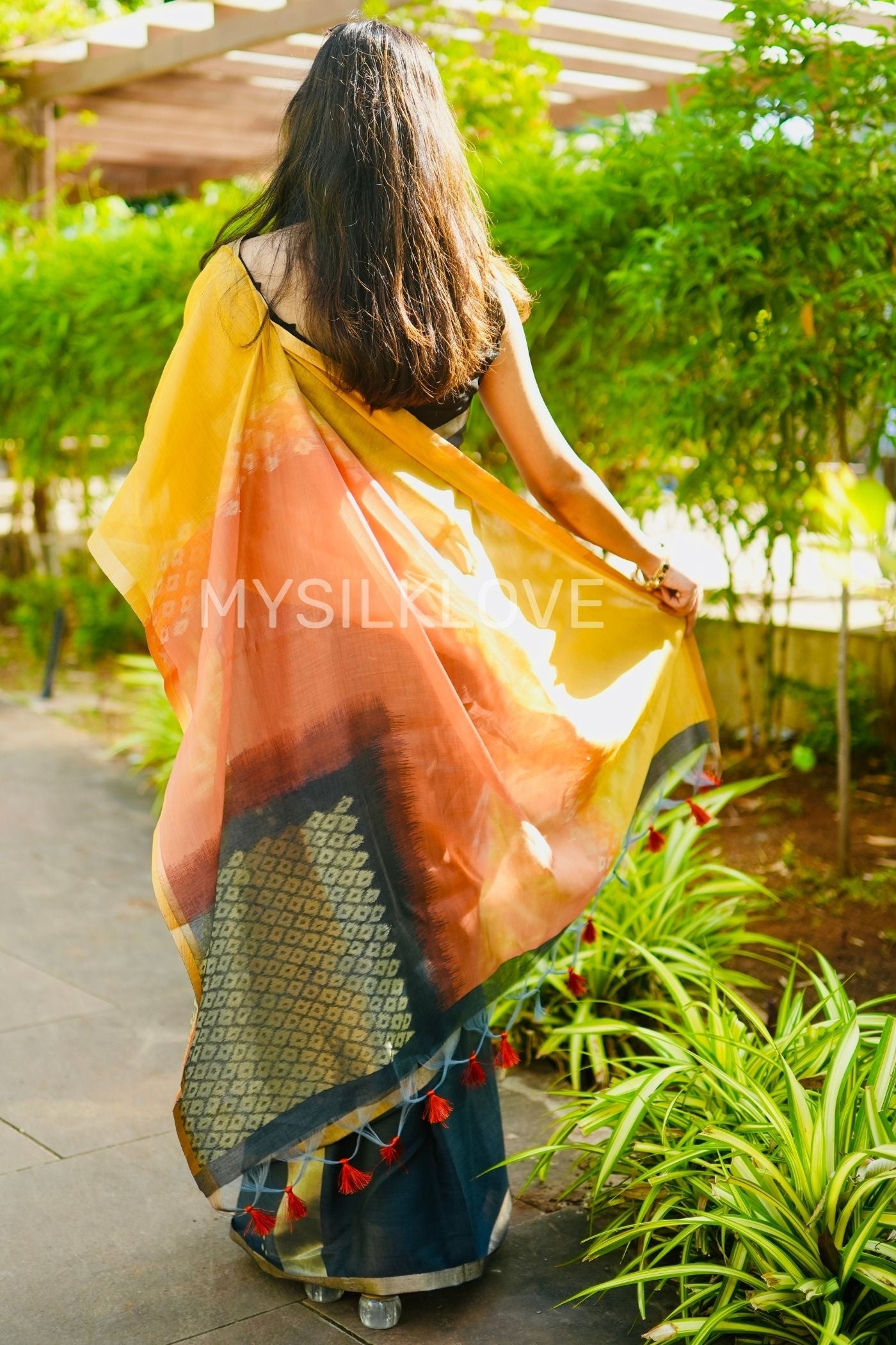Buy MySilkLove Ink Black and Yellow Handloom Cotton Saree Online