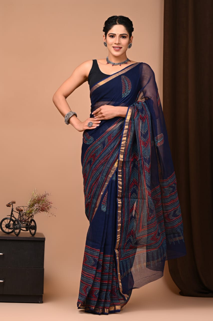 Buy MySilkLove Martinique Blue Handblock Kota Doriya Saree Online