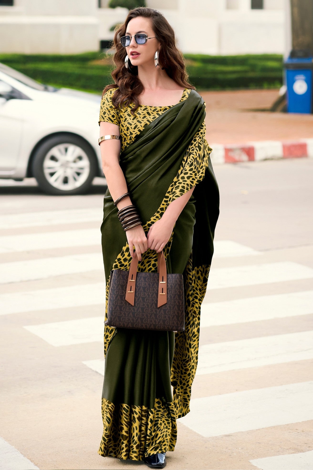 Buy MySilkLove Shark Green Printed Satin Crepe Saree Online