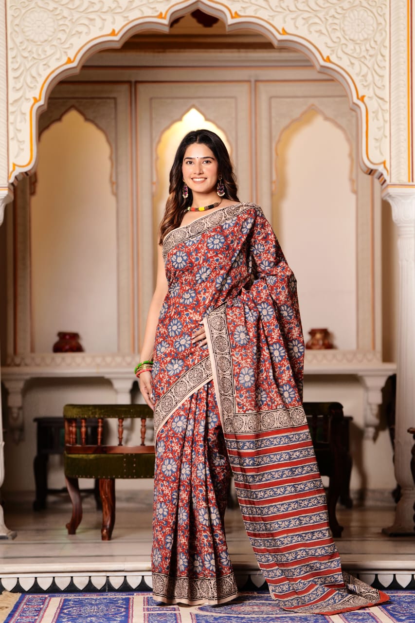 Buy MySilkLove Quicksand Brown Pure Cotton Handblock Printed Saree Online