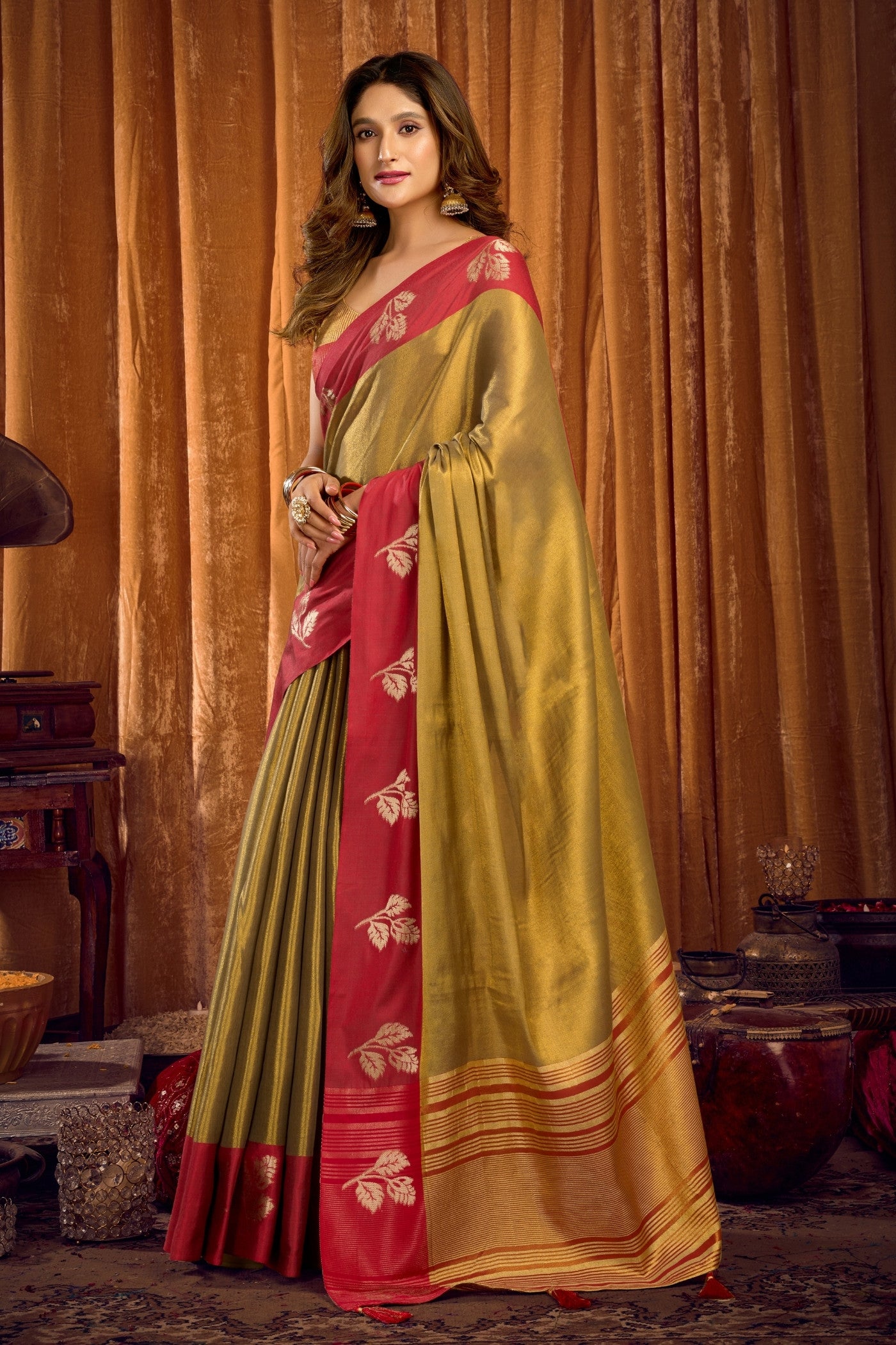 Buy MySilkLove Pesto Green Woven Tissue Saree Online