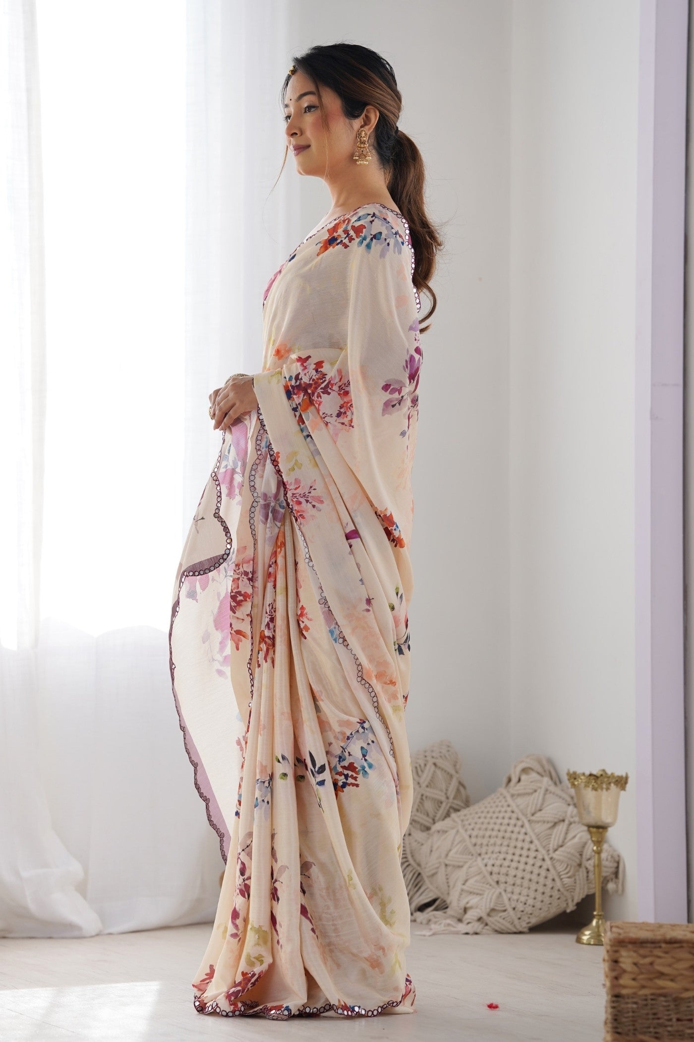 Buy MySilkLove Vanila Cream Digital Printed Chinon Saree Online