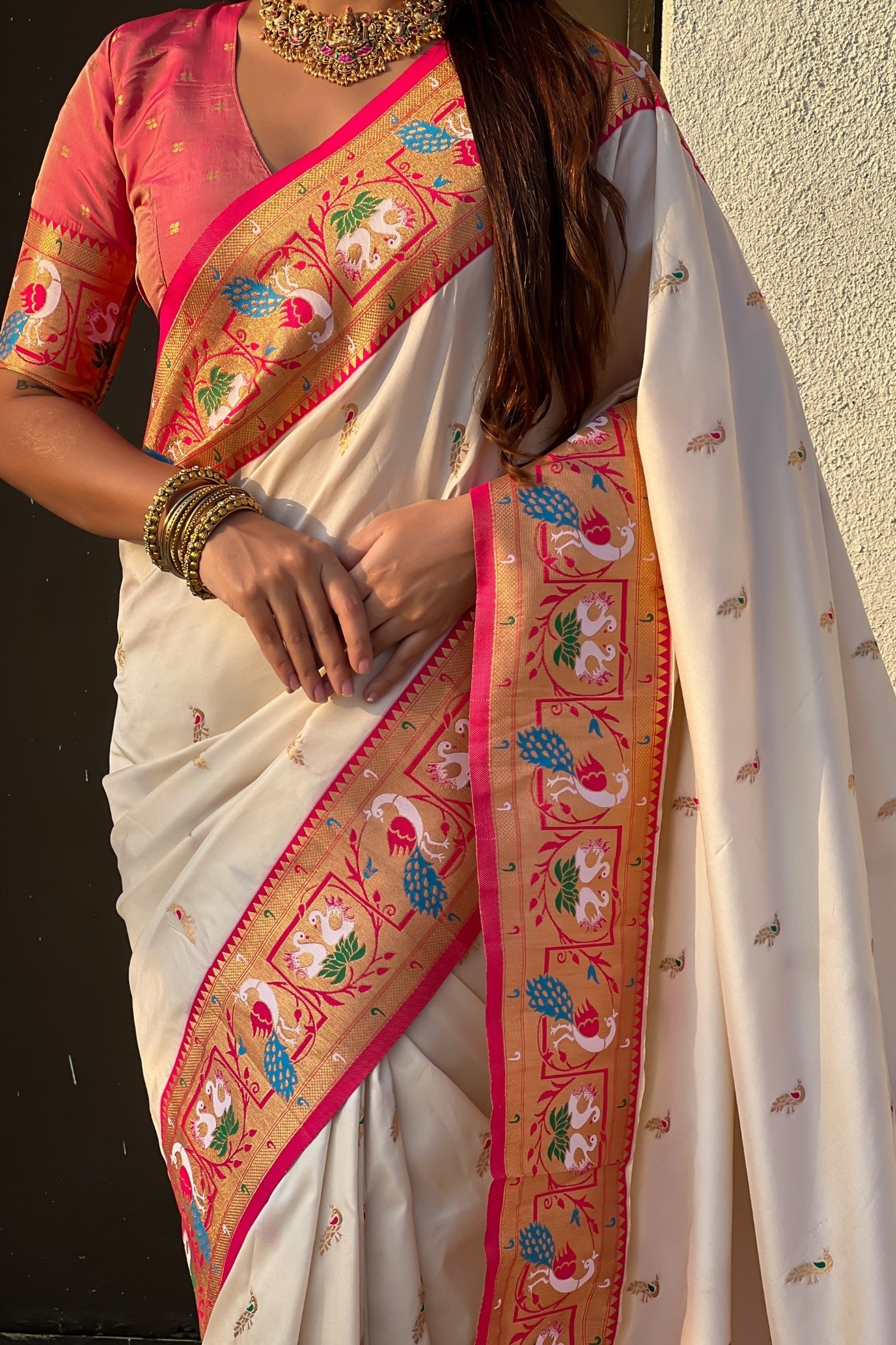 Buy MySilkLove Pure White Zari Woven Paithani Saree Online