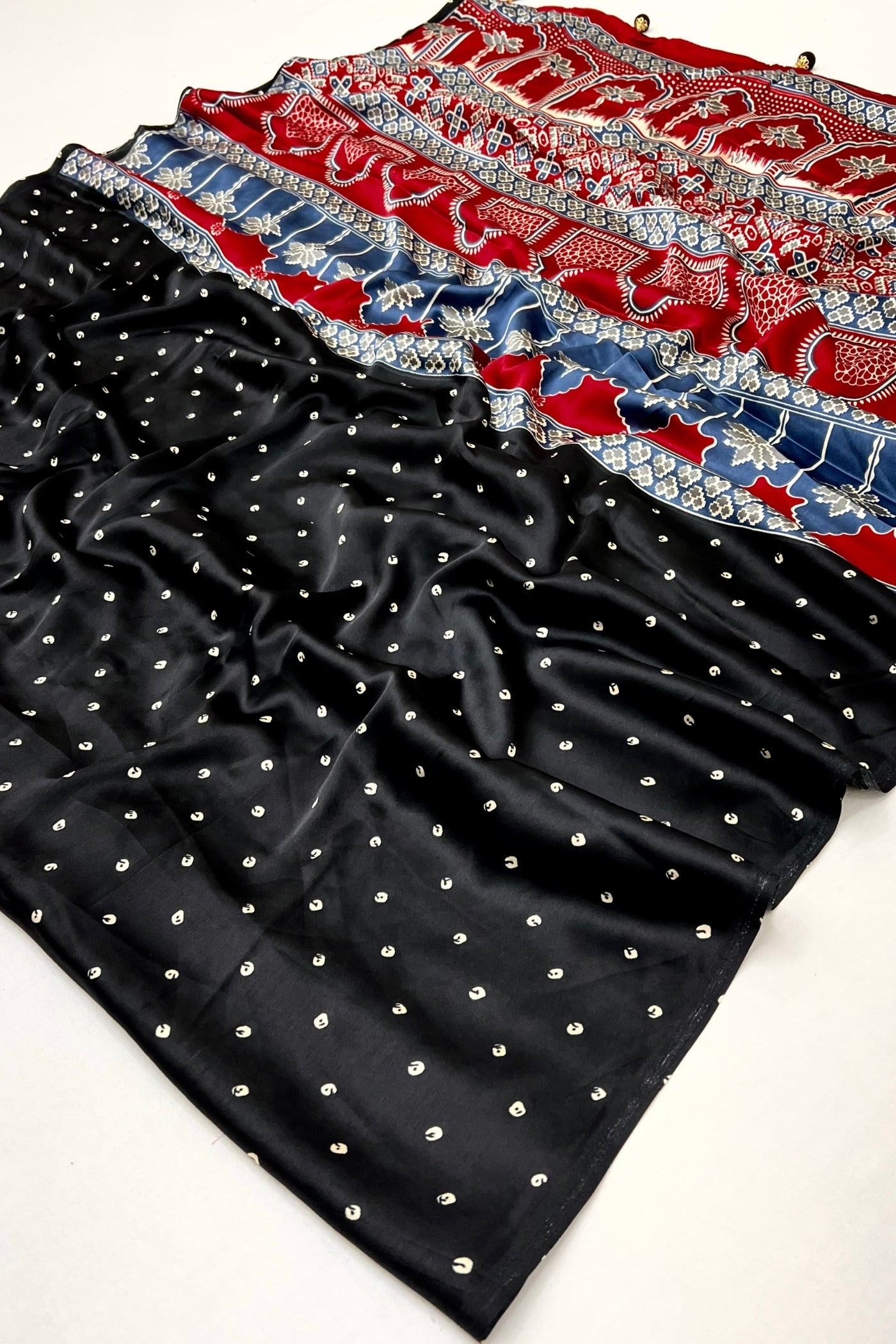 Buy MySilkLove Obsidian Black Ajrakh Printed Satin Crepe Silk Saree Online