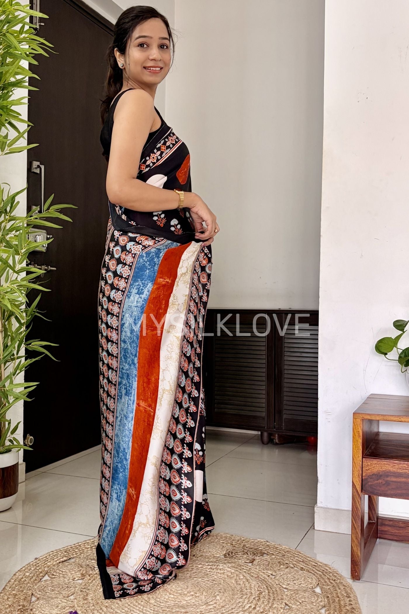 Buy MySilkLove Anthracite Black Printed Polka Dots Satin Crepe Saree Online