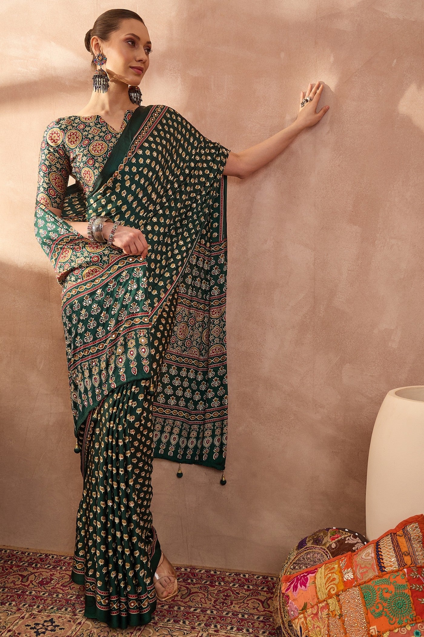 Buy MySilkLove Evergreen Modal Ajrakh Satin Printed Silk Saree Online