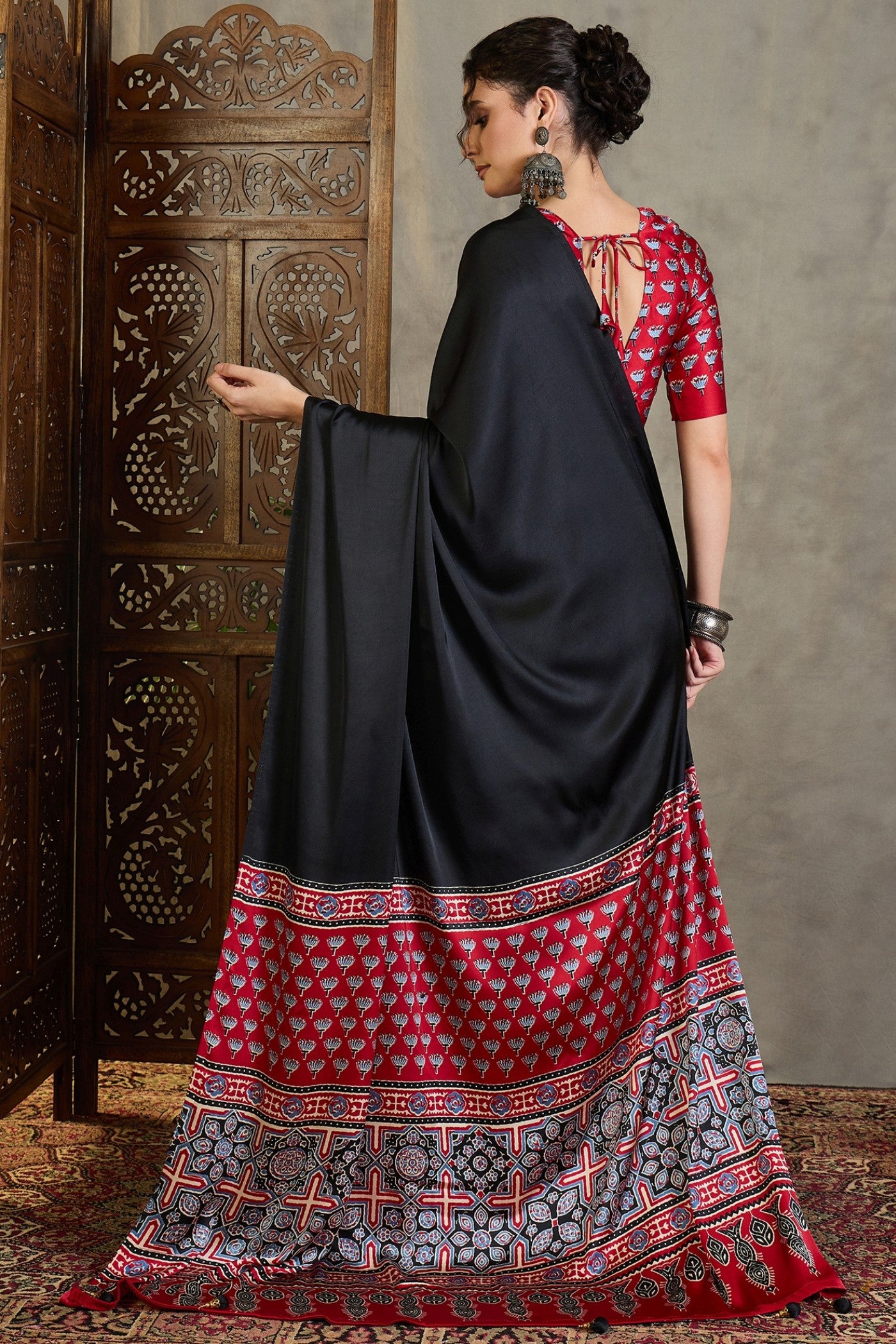Buy MySilkLove Mini Black and Red Ajrakh Printed Satin Crepe Silk Saree Online