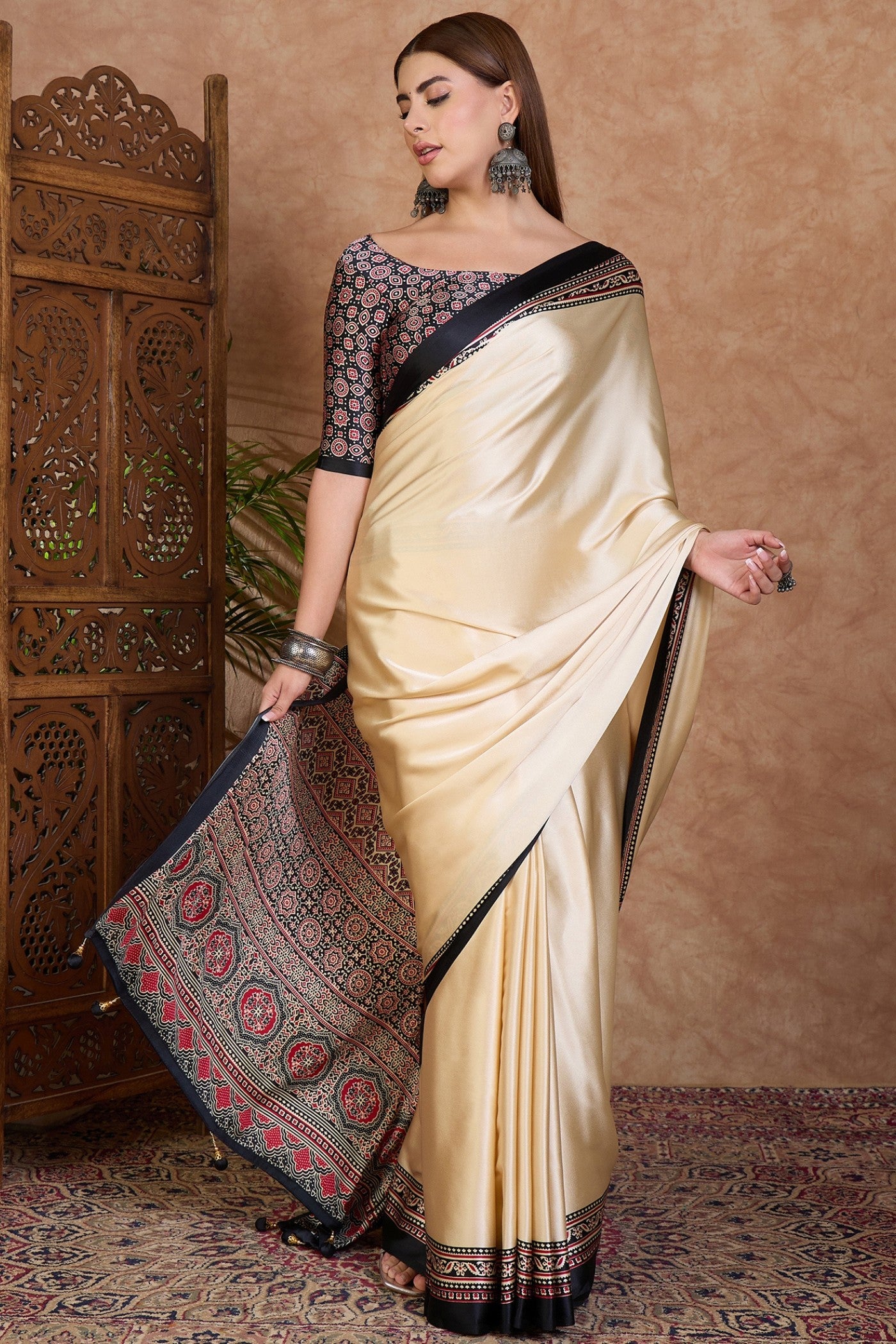 Buy MySilkLove Bavarain Cream Ajrakh Printed Satin Crepe Silk Saree Online