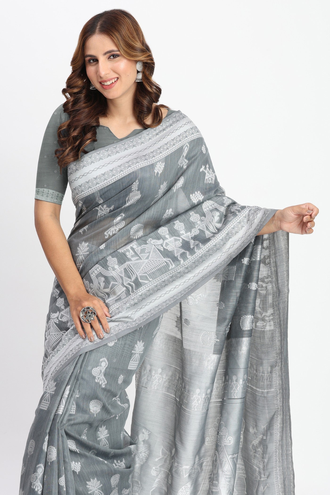 MySilkLove Battleship Grey Woven Linen Cotton Saree