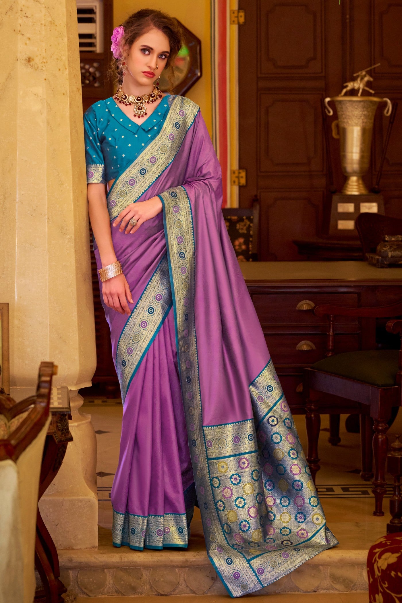 Buy MySilkLove Dark Violet Purple Woven Banarasi Soft Silk Saree Online