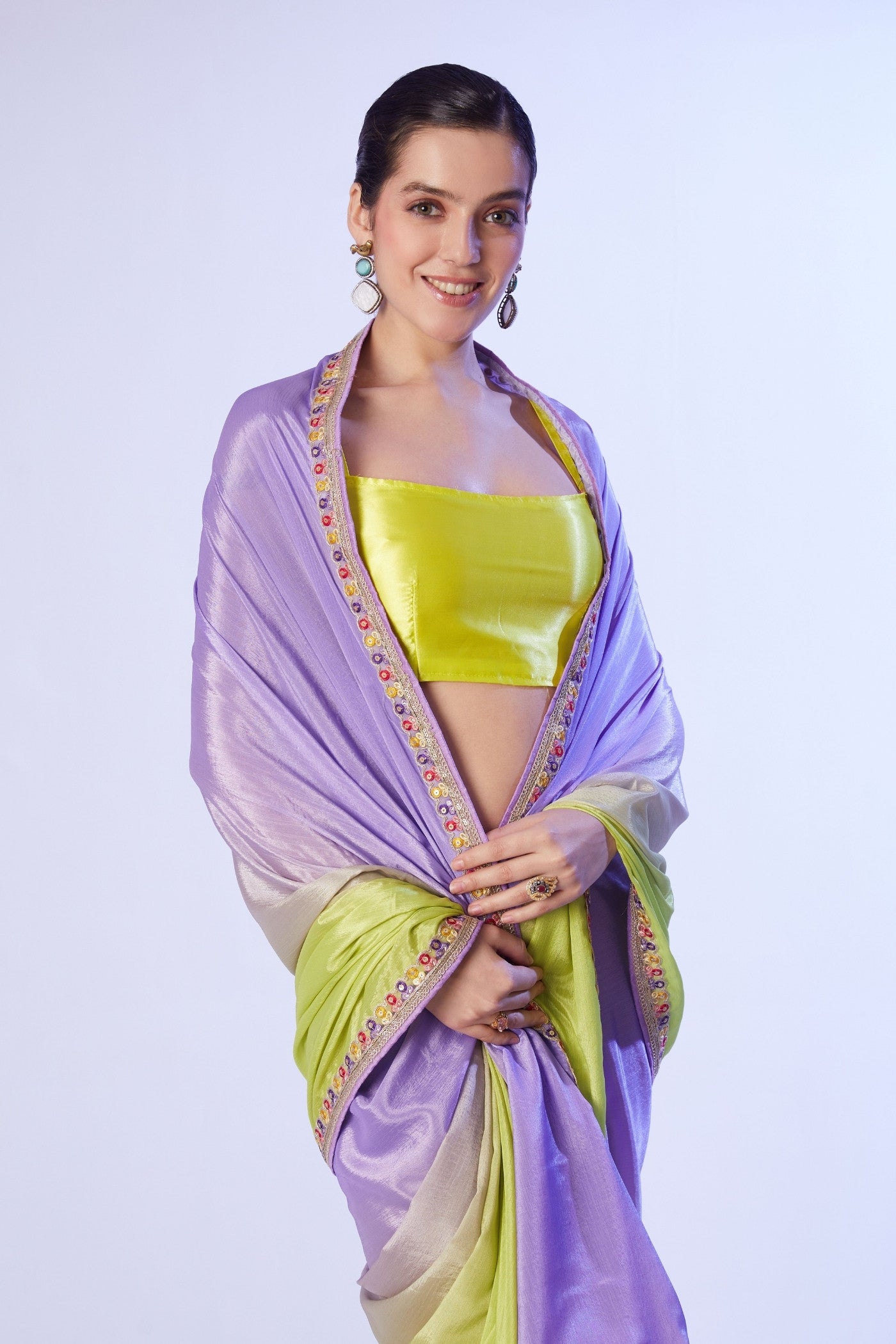 MySilkLove Neon Yellow and Purple Designer Partywear Saree