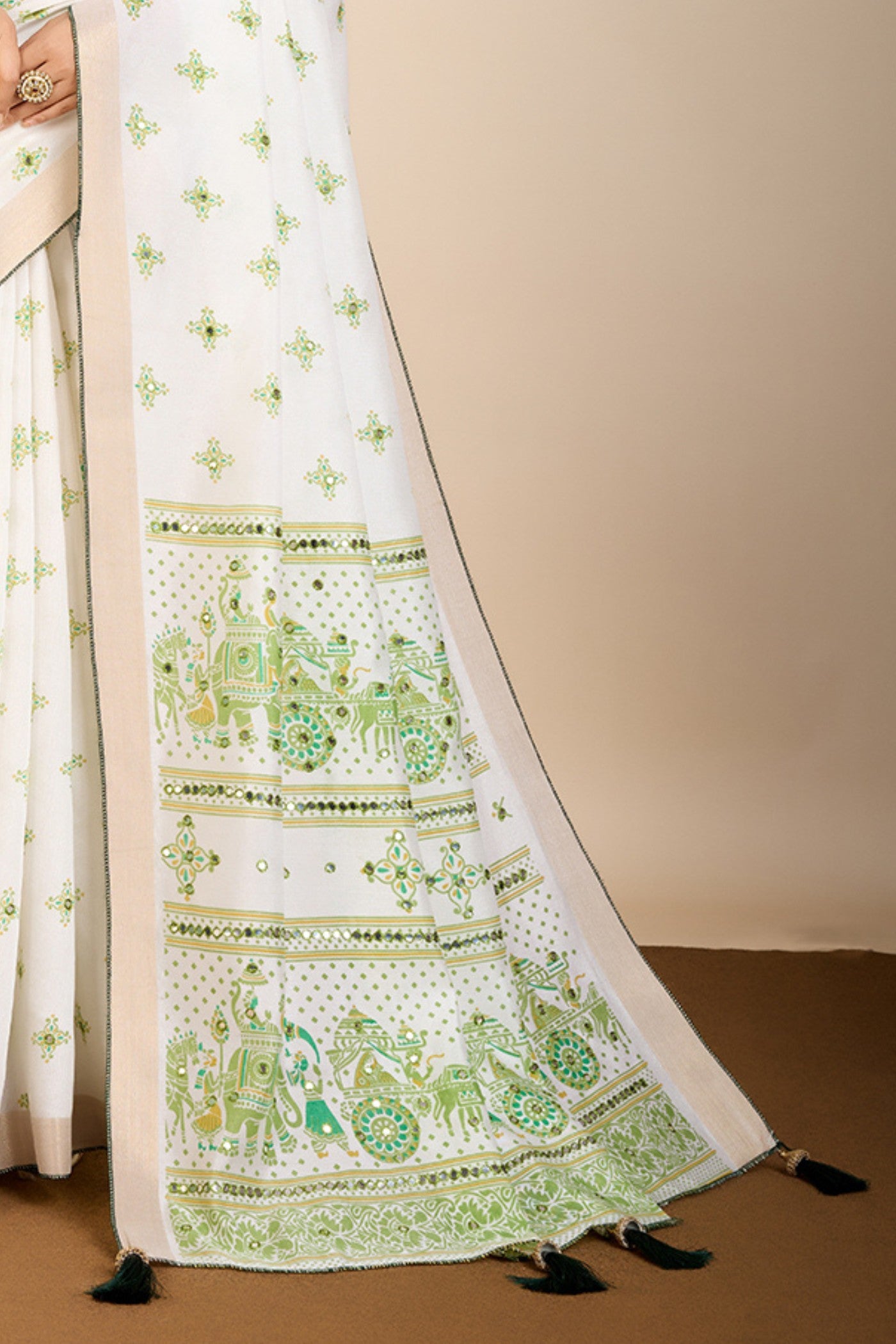 Buy MySilkLove Swiss White and Green Printed Cotton Designer Saree Online