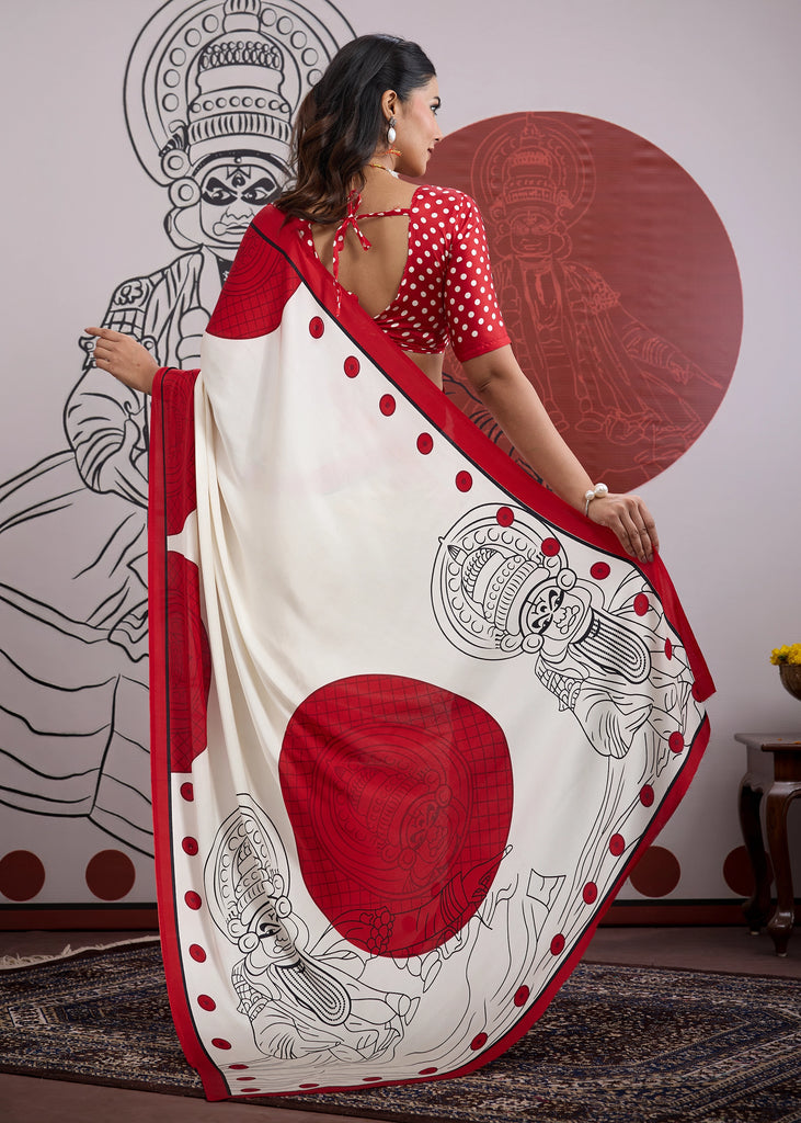 Buy MySilkLove Barn Red and White Printed Satin Crepe Silk Saree Online