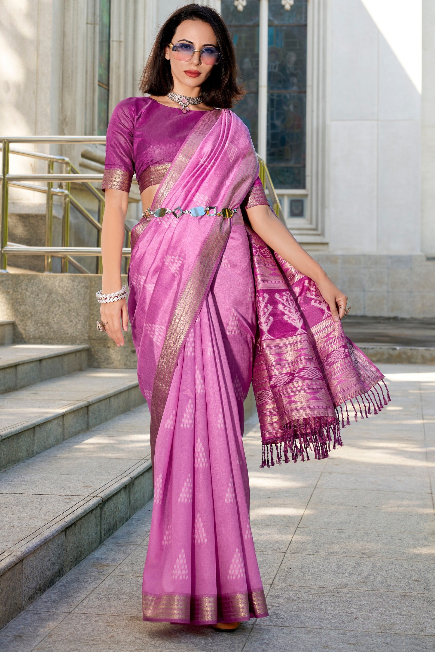 Buy MySilkLove Mega Pink Ikkat Woven Banarasi Saree Online