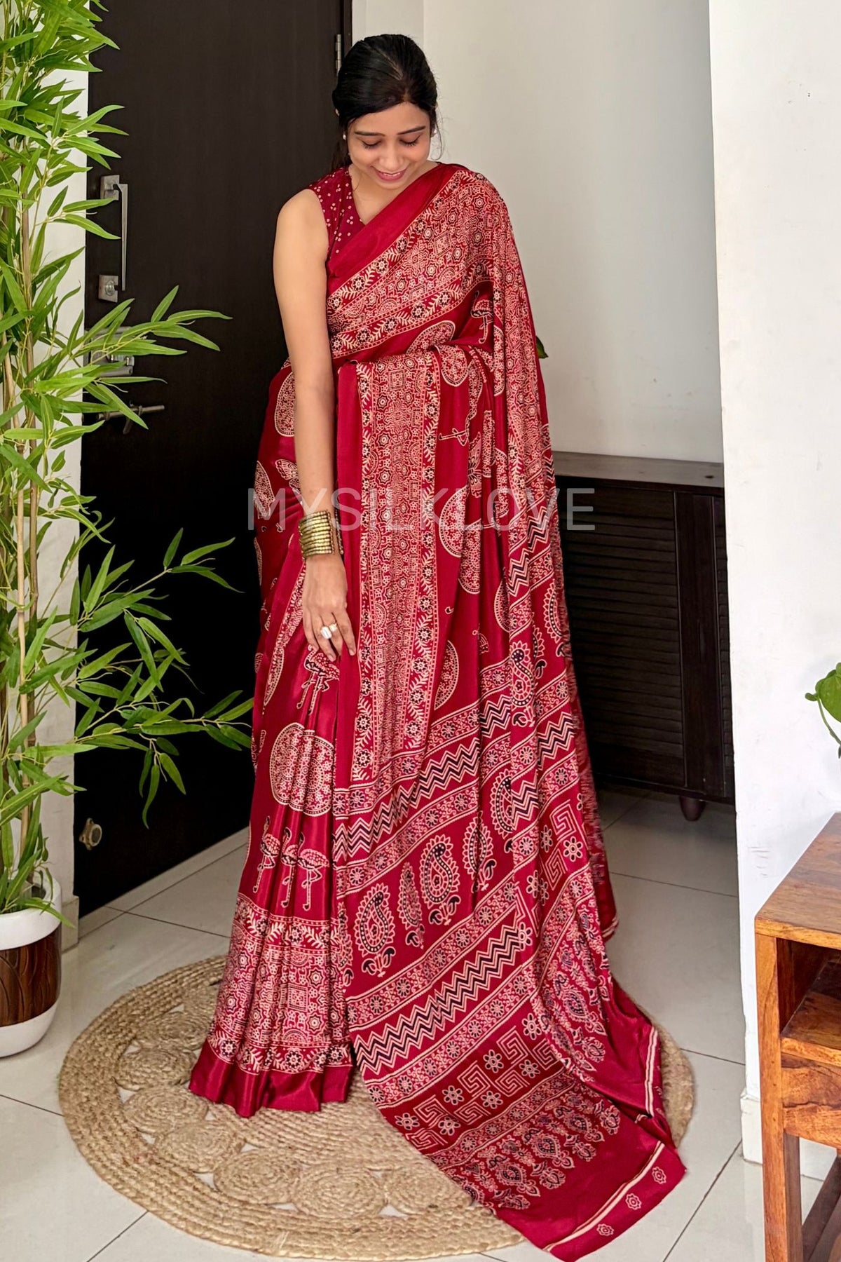 Buy MySilkLove Rose Red Ajrakh Satin Printed Silk Saree Online