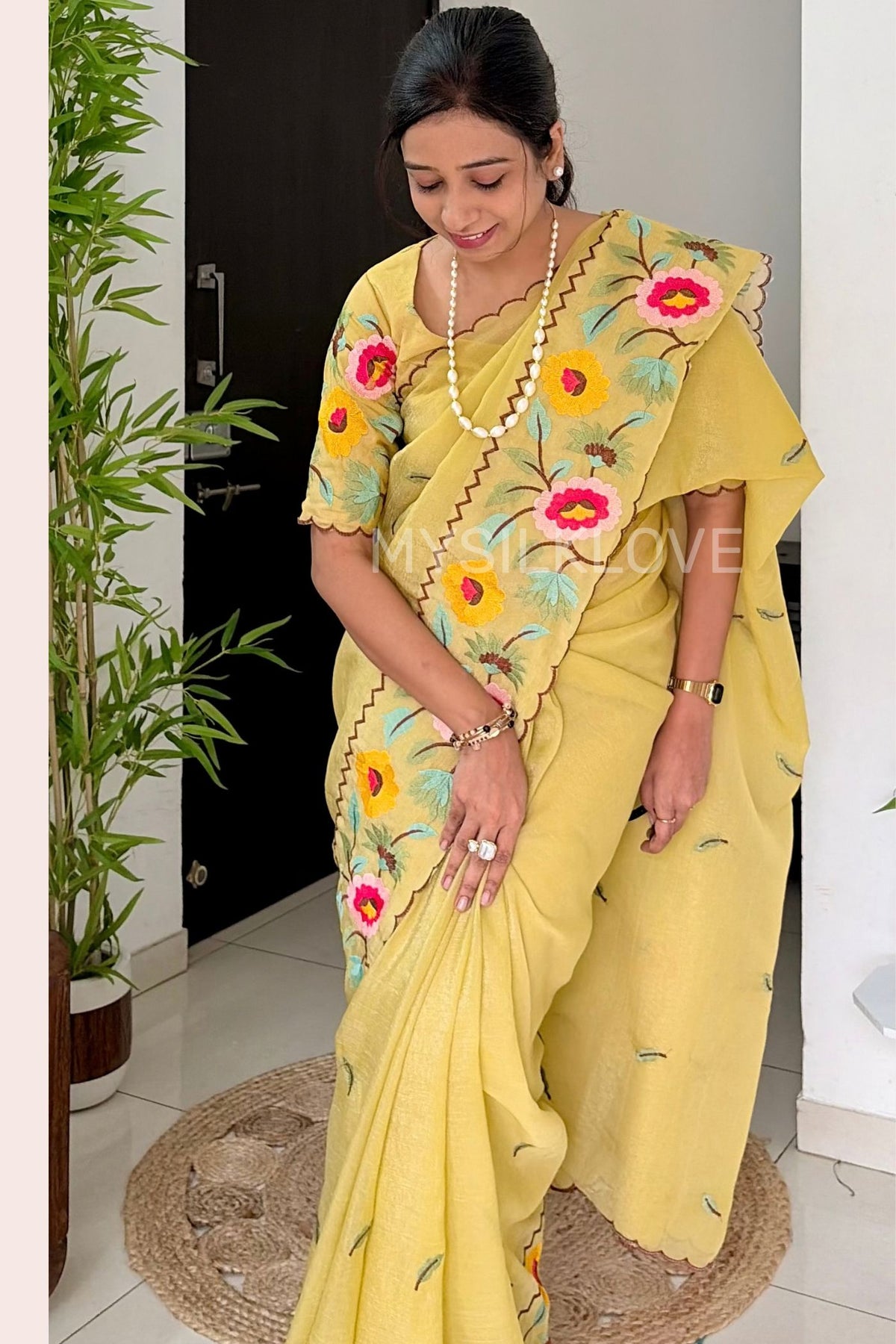 Buy MySilkLove Cornsilk Yellow Floral Embroidery Crunchy Chiffon Saree Online