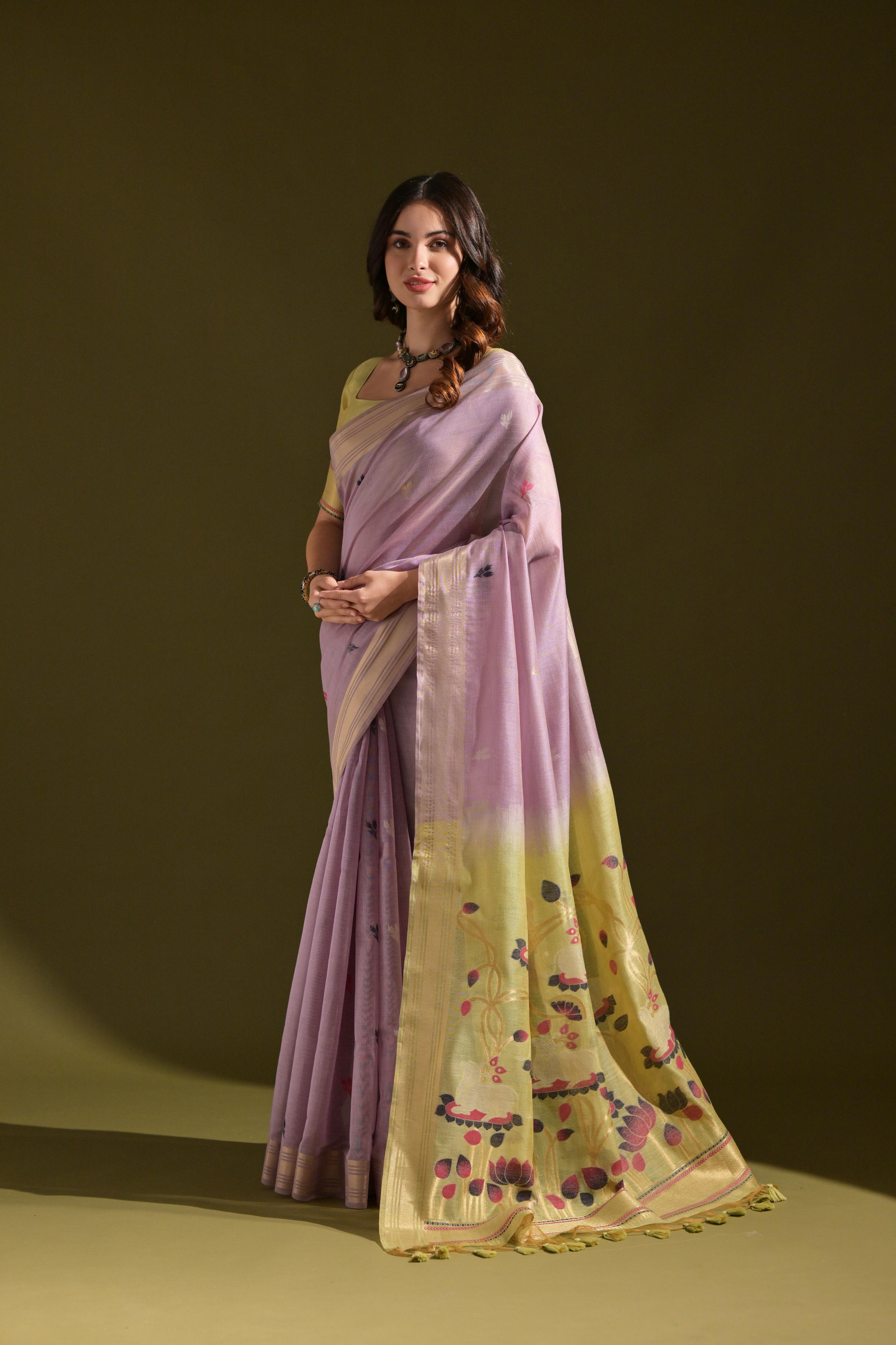 Buy MySilkLove Verbena Purple Woven Muga Cotton Saree Online
