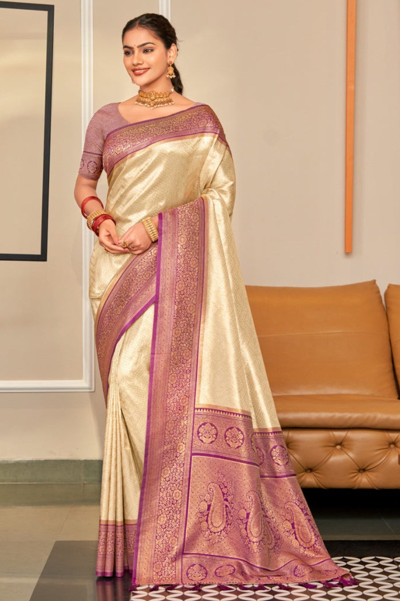 Buy MySilkLove Butter Cream Zari Woven Kanjivaram Saree Online