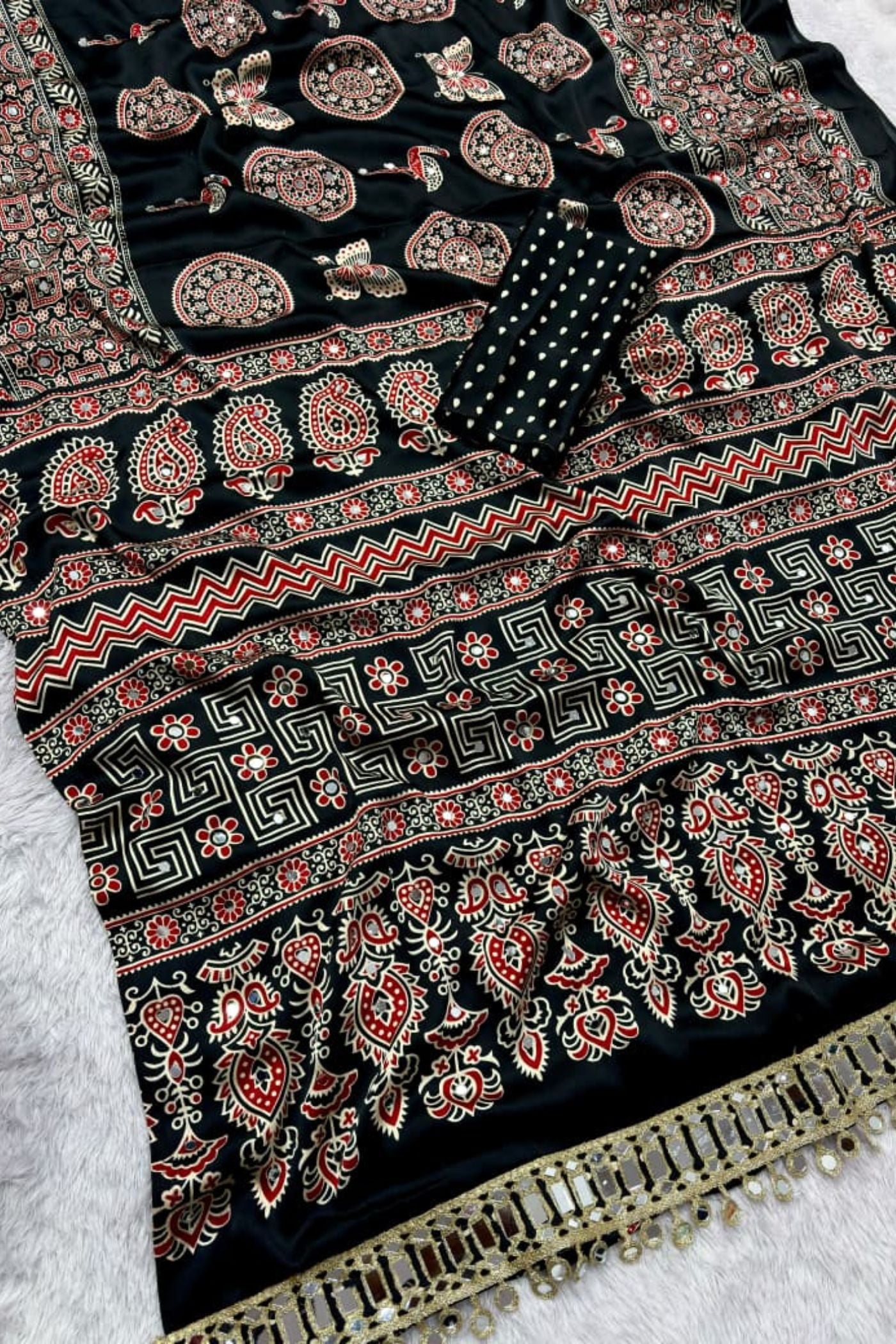 Buy MySilkLove Chili Red Ajrakh Satin Printed Mirror Work Saree Online