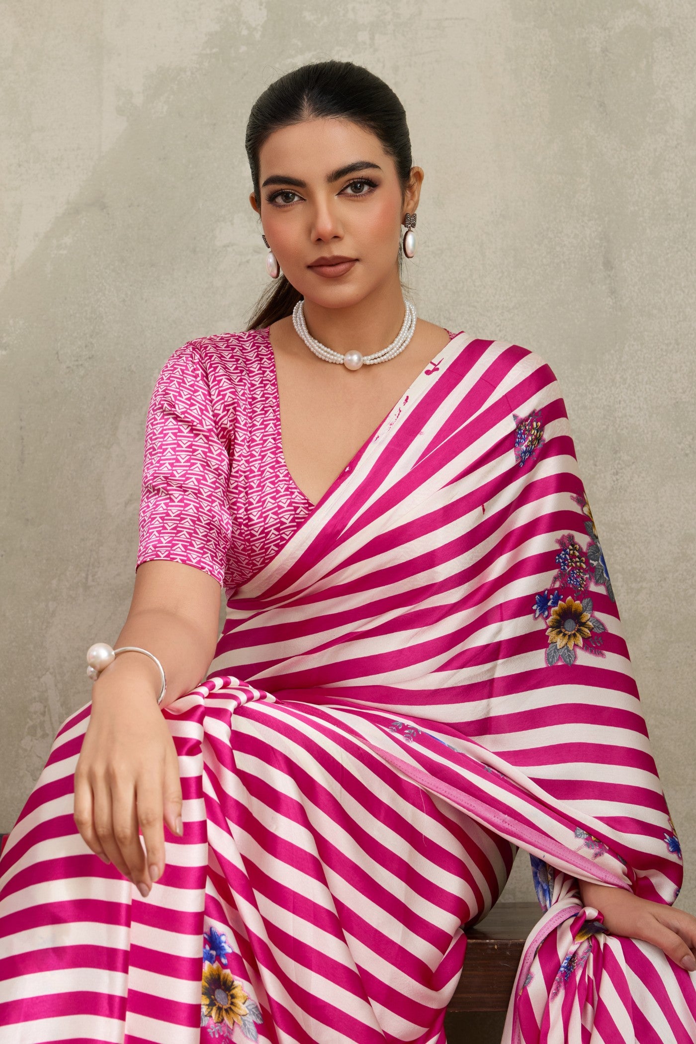 MySilkLove Neon Pink Ajrakh Printed Satin Crepe Silk Saree