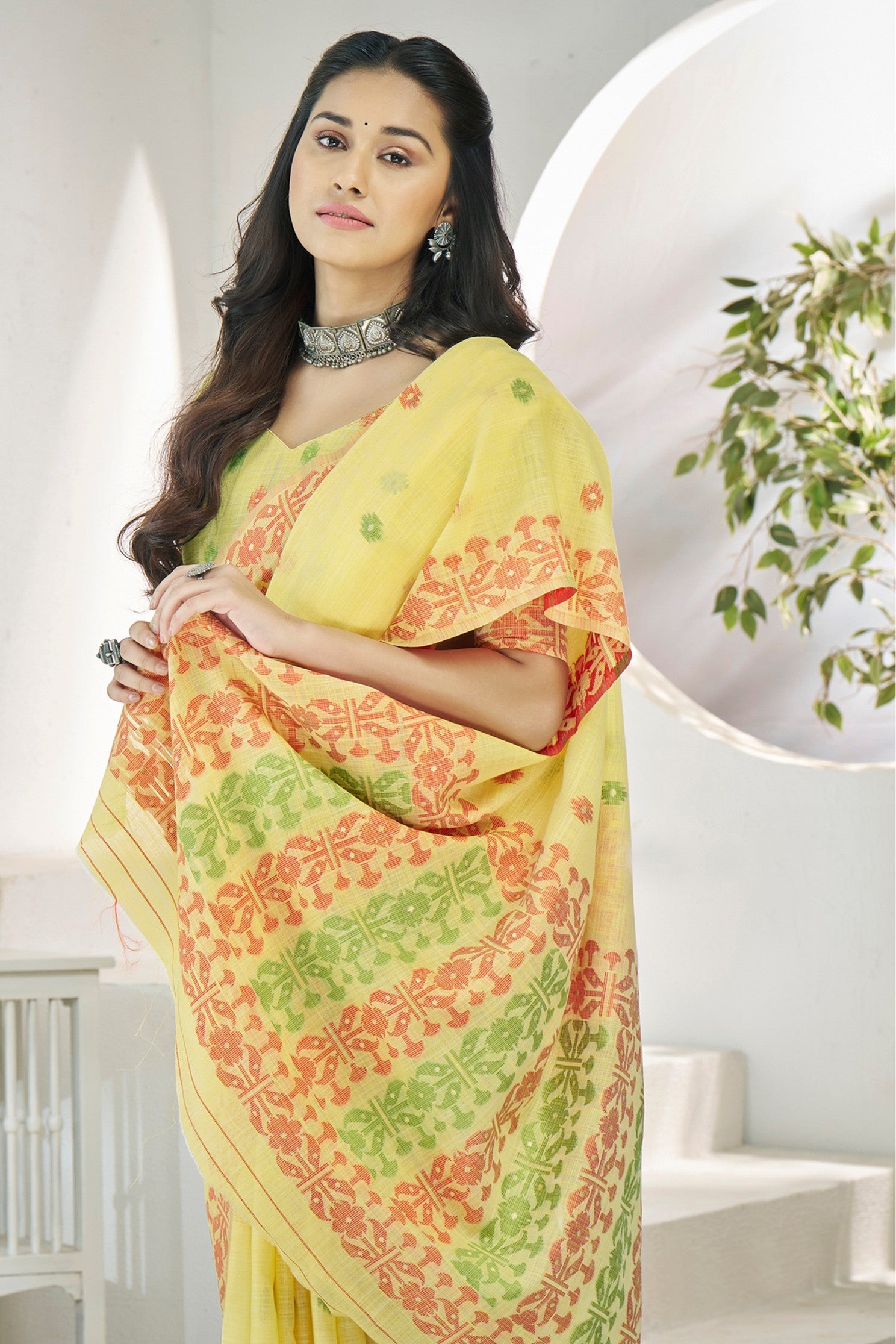 Buy MySilkLove Laser Yellow Woven Linen Saree Online