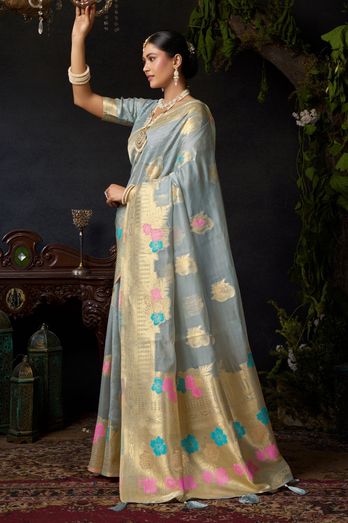 Buy MySilkLove Silver Grey Woven Banarasi Organza Saree Online