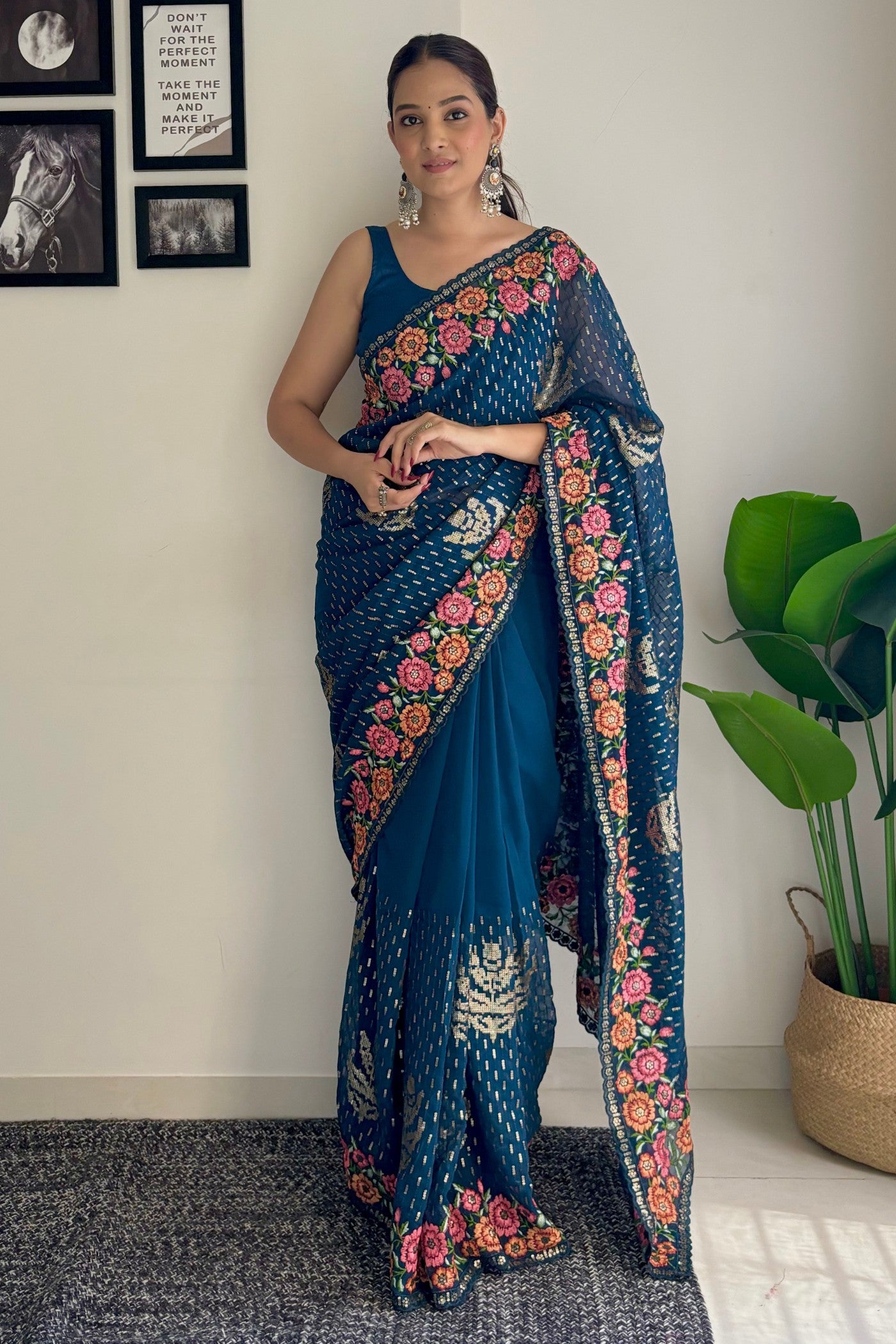 Buy MySilkLove Teal Blue Embroidery Designer Georgette Saree Online