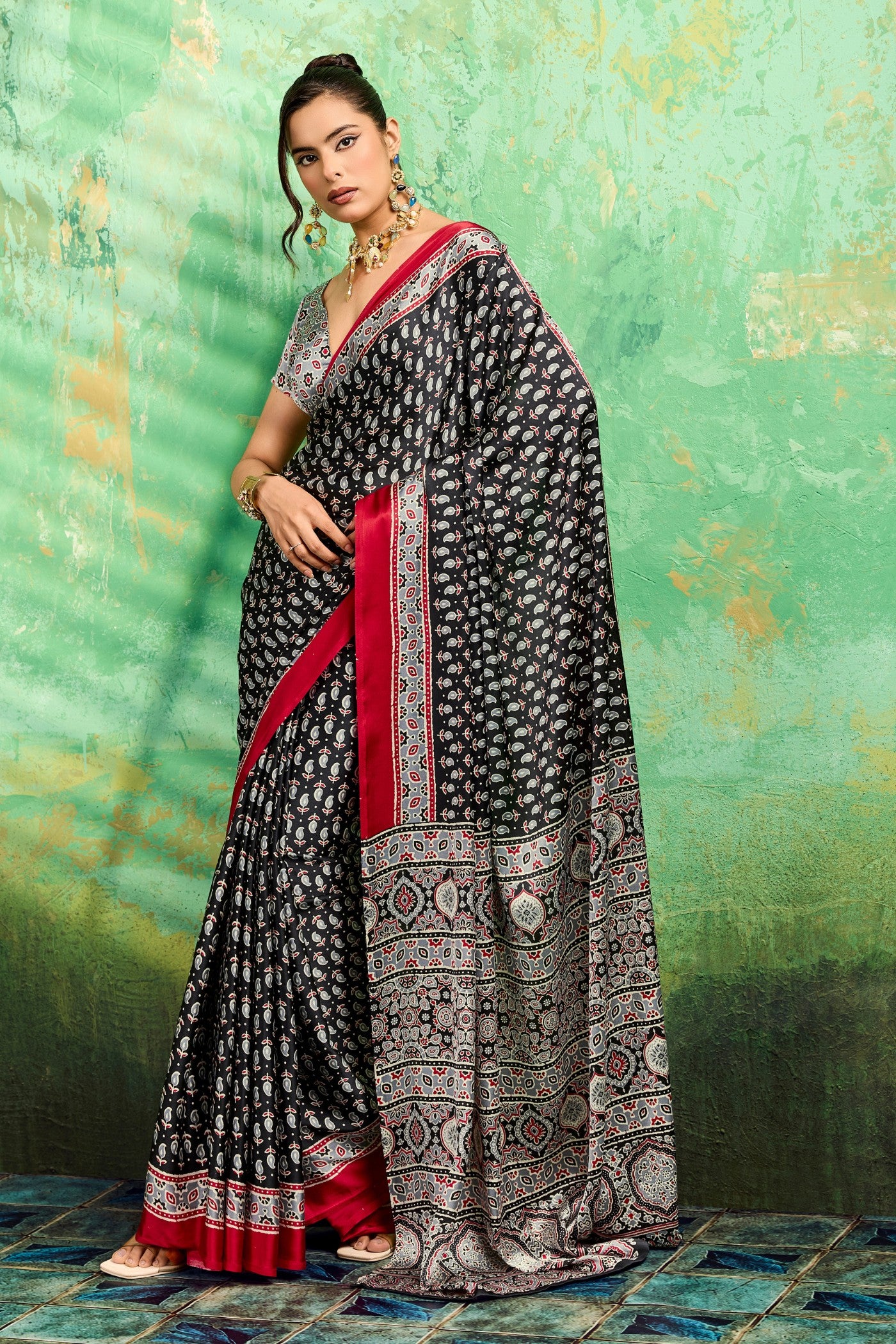 Buy MySilkLove Attractive Black Modal Ajrakh Satin Printed Silk Saree Online