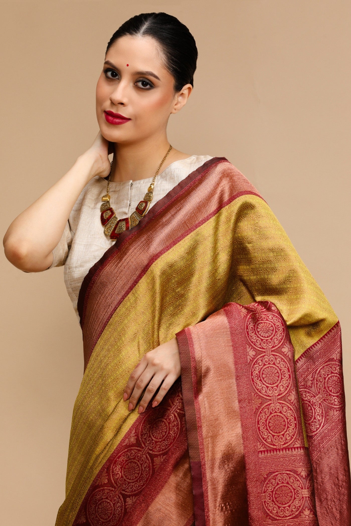 Buy MySilkLove Papaya Whip Yellow Woven Jacquard Lichi Silk Saree Online