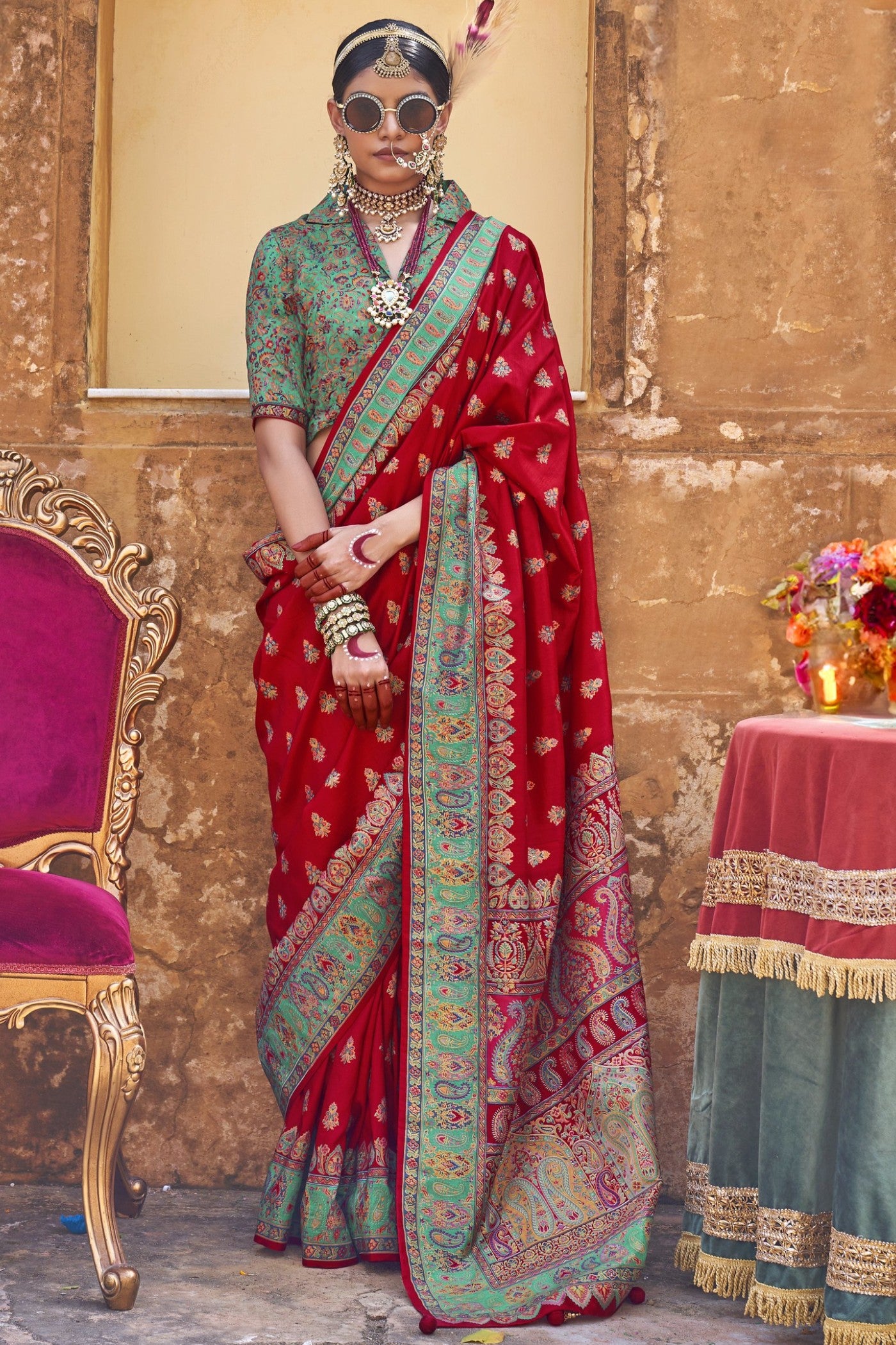 Buy MySilkLove Poppies Red Banarasi Jamawar Saree Online