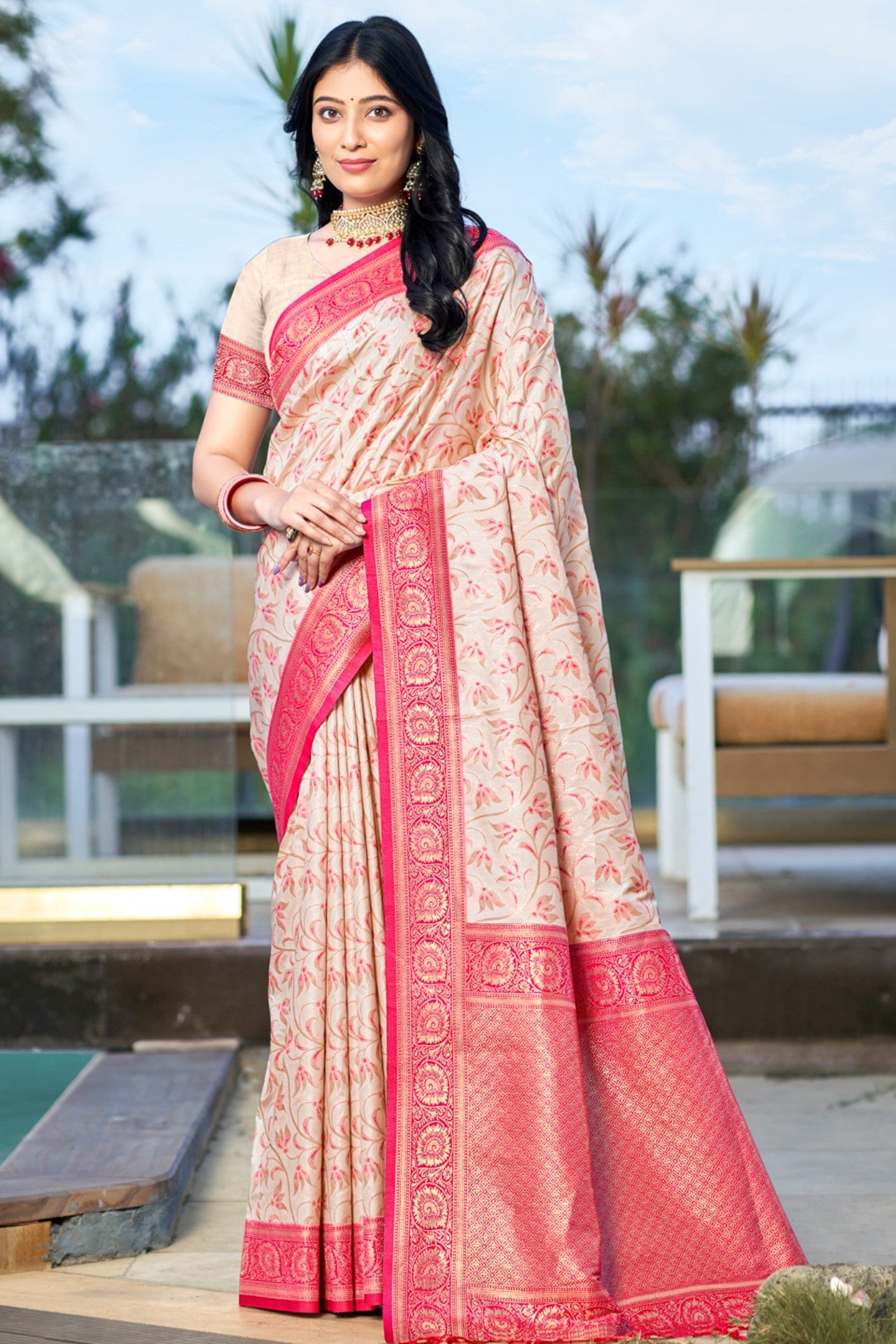 Buy MySilkLove Bright Cream and Pink Woven Banarasi Saree Online