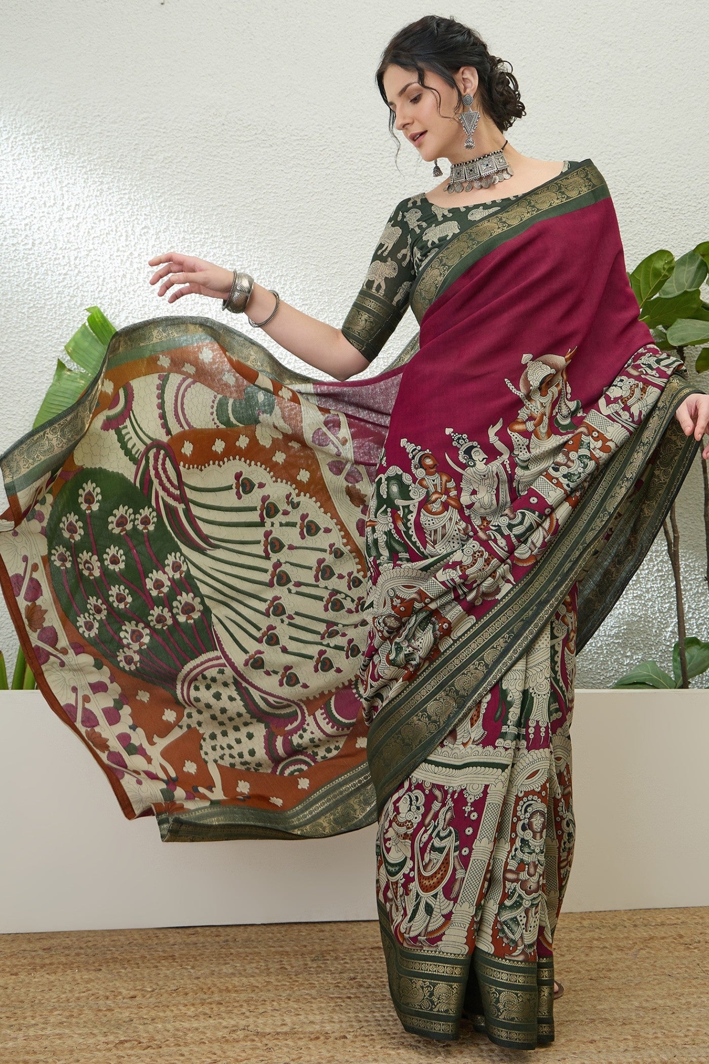 Buy MySilkLove Dark Tan Maroon Printed Cotton Saree Online