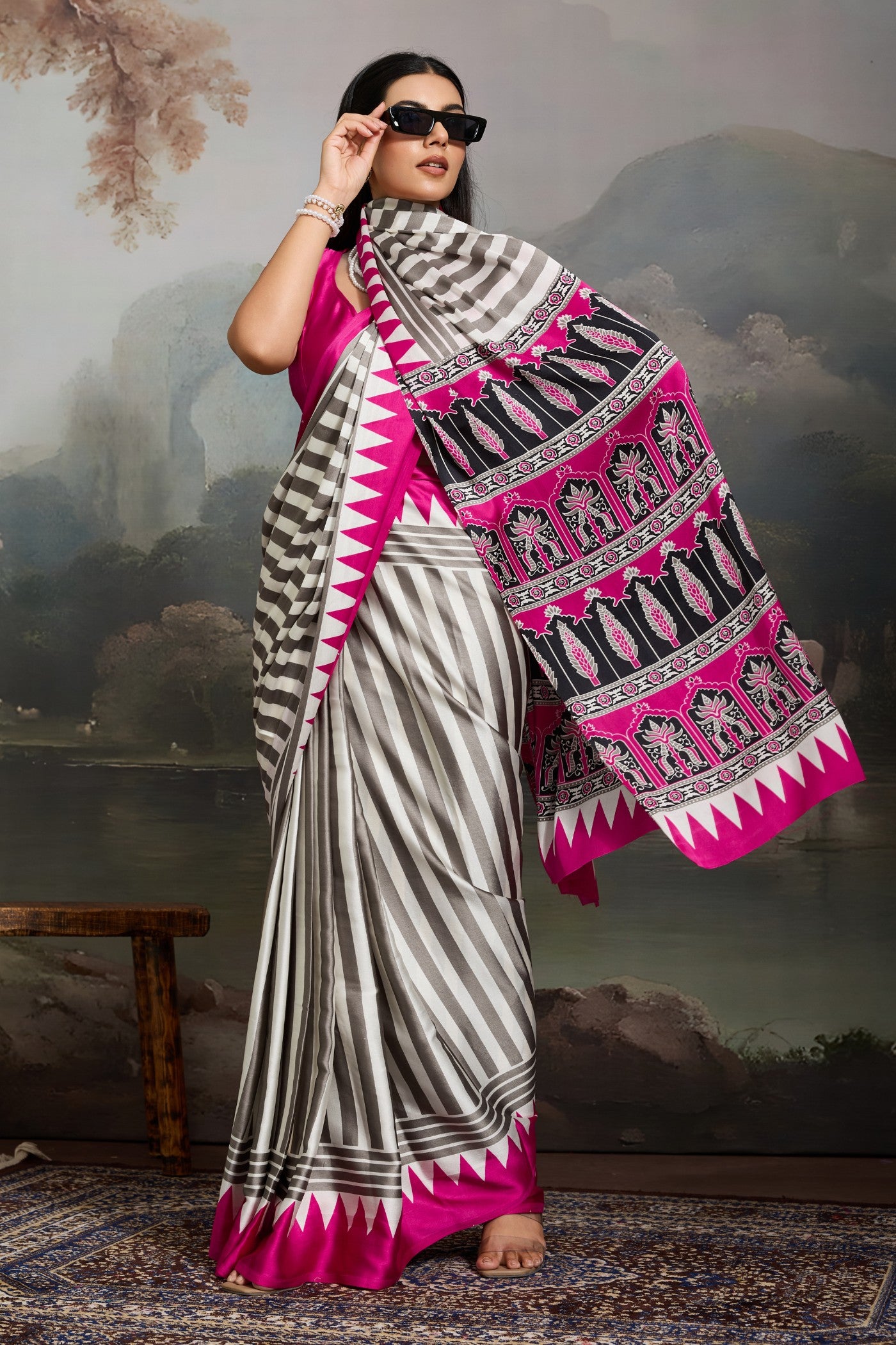 Buy MySilkLove Aster White and Pink Ajrakh Printed Satin Crepe Silk Saree Online