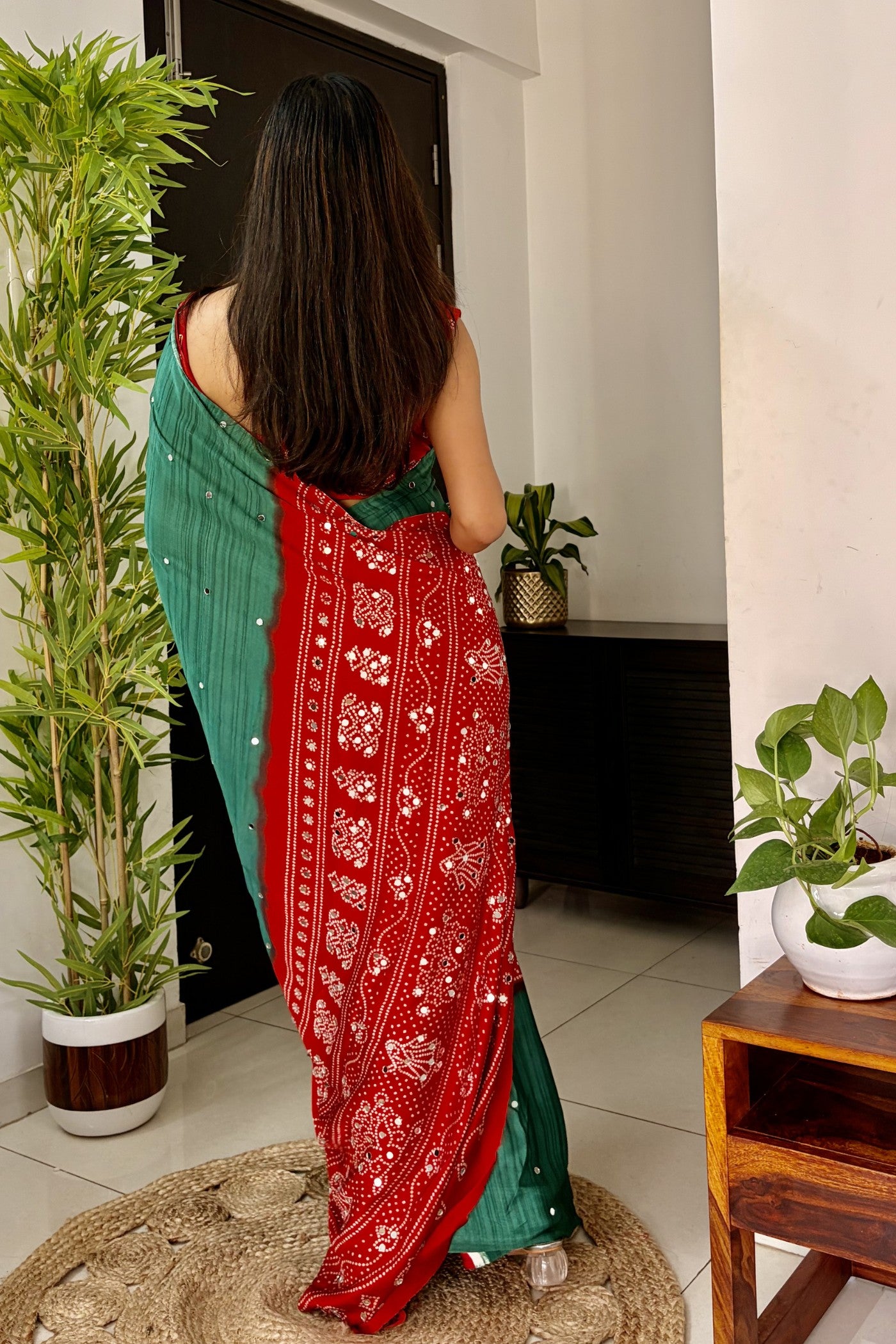 Buy MySilkLove Myrtle Green and Red Gaji Bandej Satin Soft Silk Saree Online