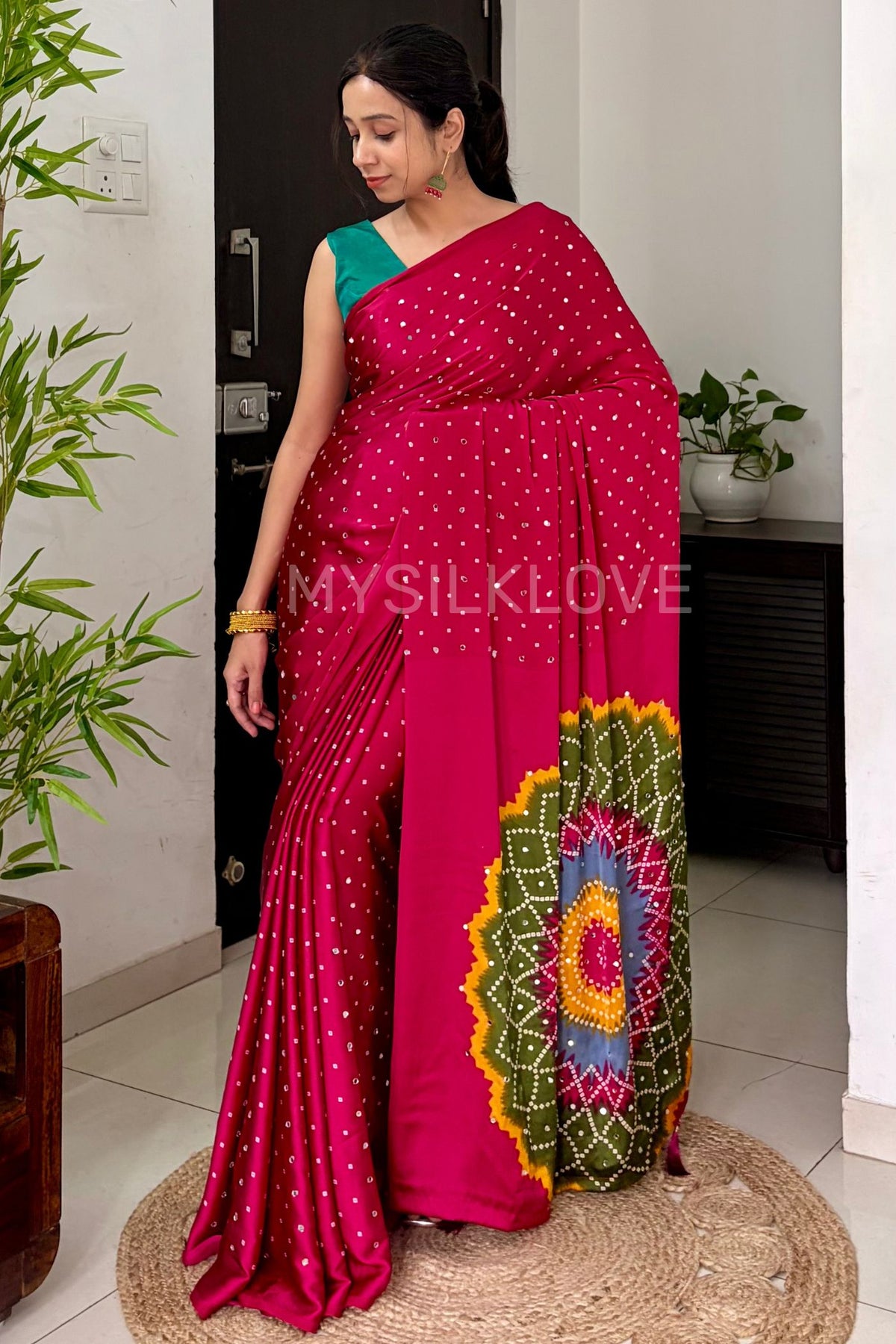 Buy MySilkLove Rosewood Pink Bandhani Satin Mirror Work Saree Online