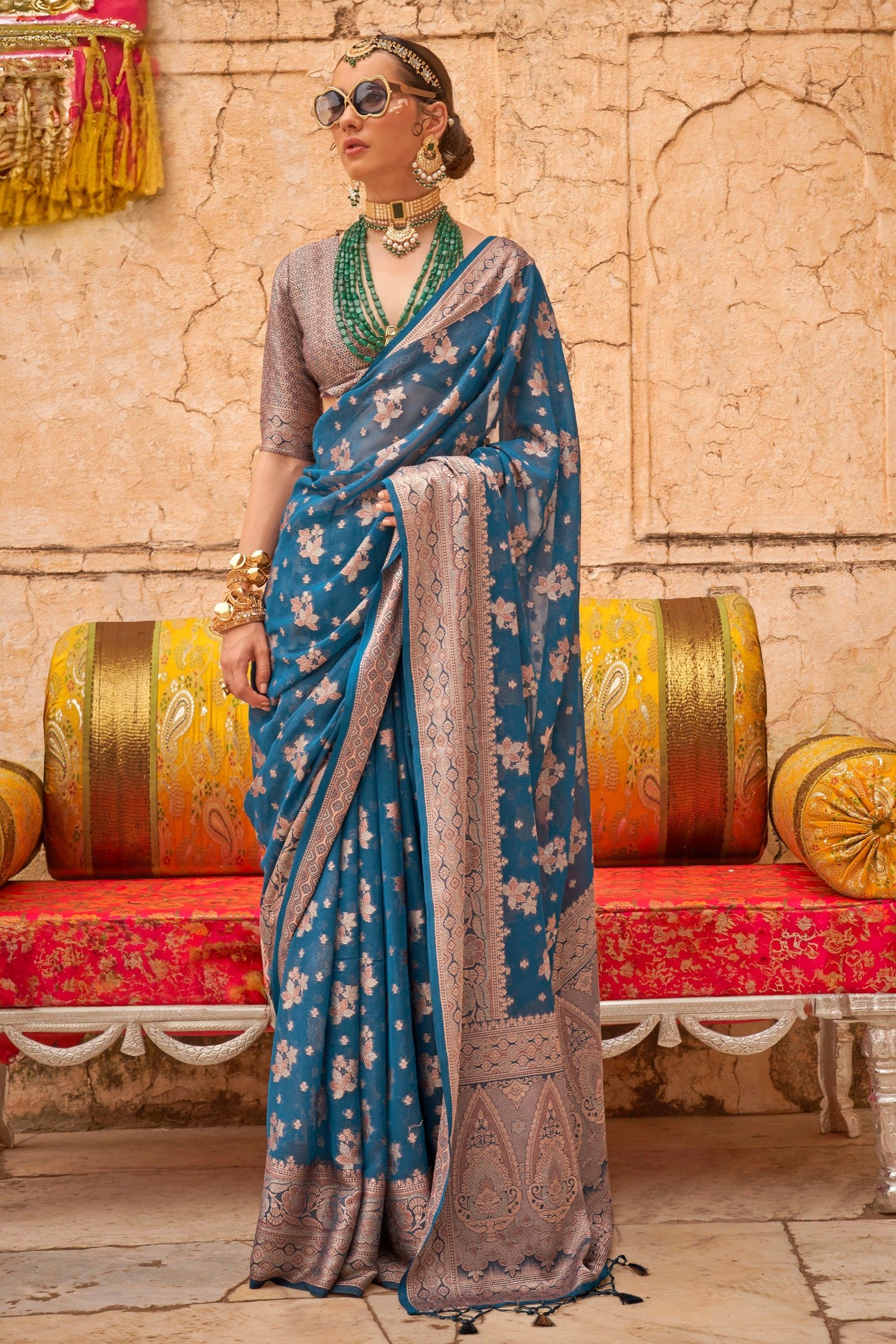 Buy MySilkLove Olympic Blue Zari Woven Georgette Saree Online