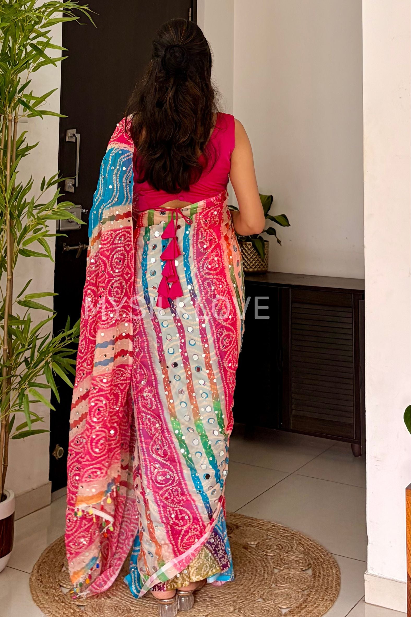 Buy MySilkLove Zareen Khan Inspired:  Pink and Blue Pure Georgette Mirror Work Saree Online