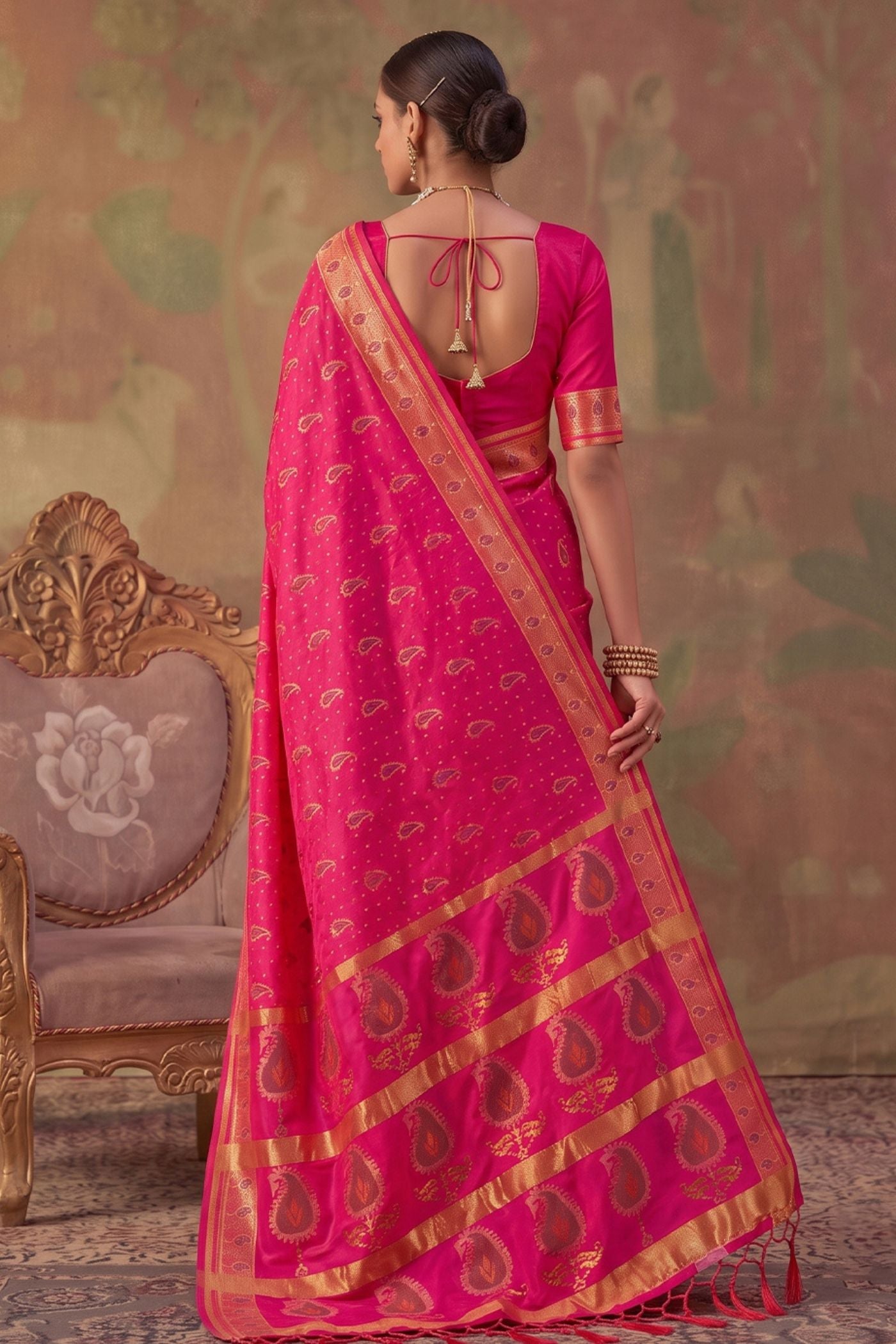 Buy MySilkLove Fuchsia Pink Woven Banarasi Soft Silk Saree Online