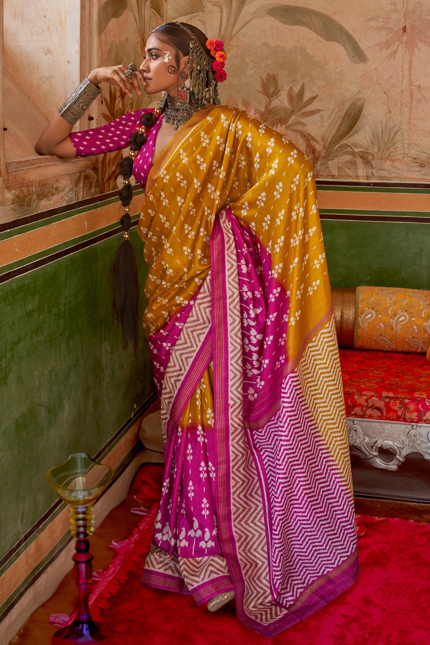 Buy MySilkLove Meteor Orange and Pink Printed Patola Saree Online