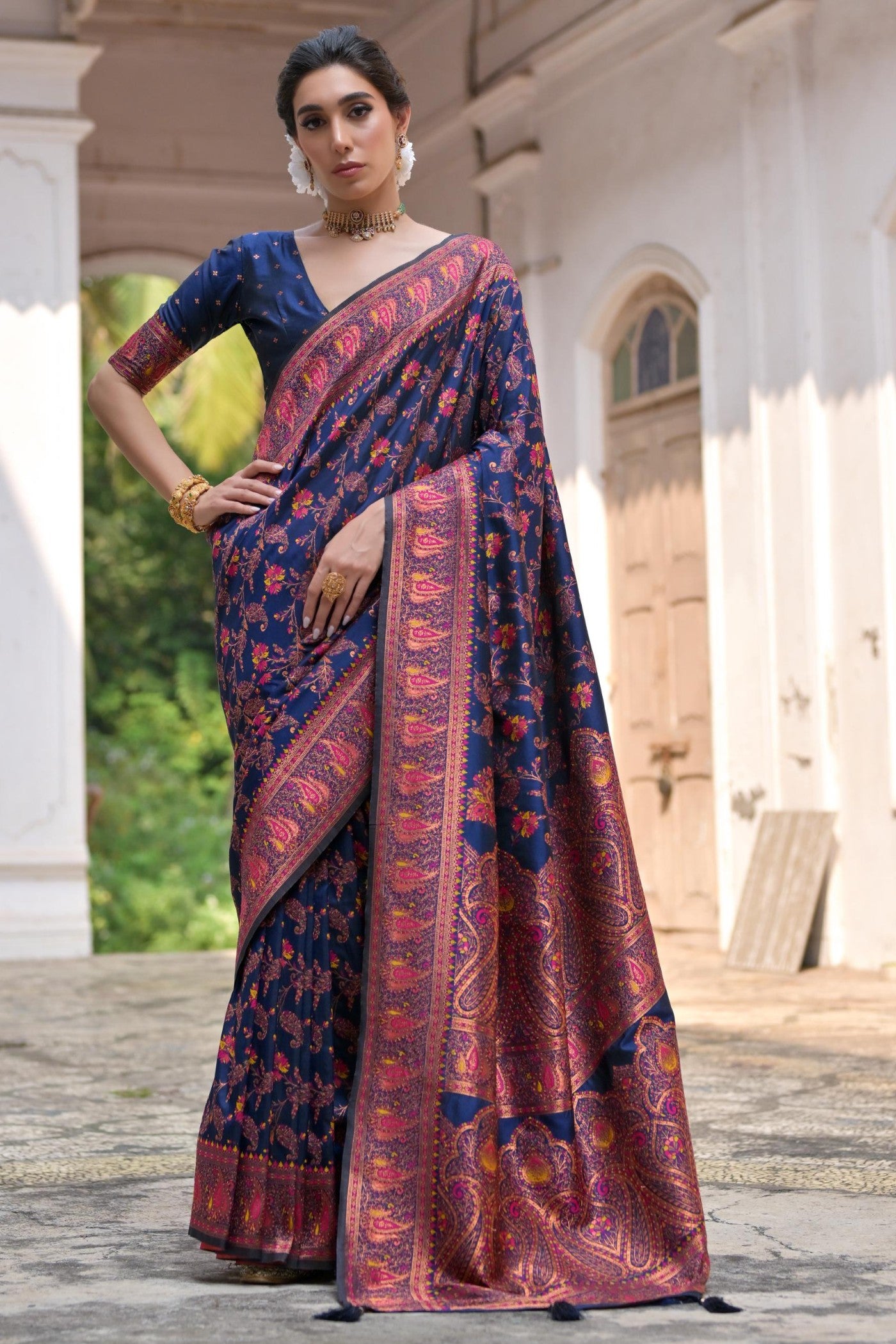 Buy MySilkLove River Bed Blue Woven Pashmina Silk Saree Online