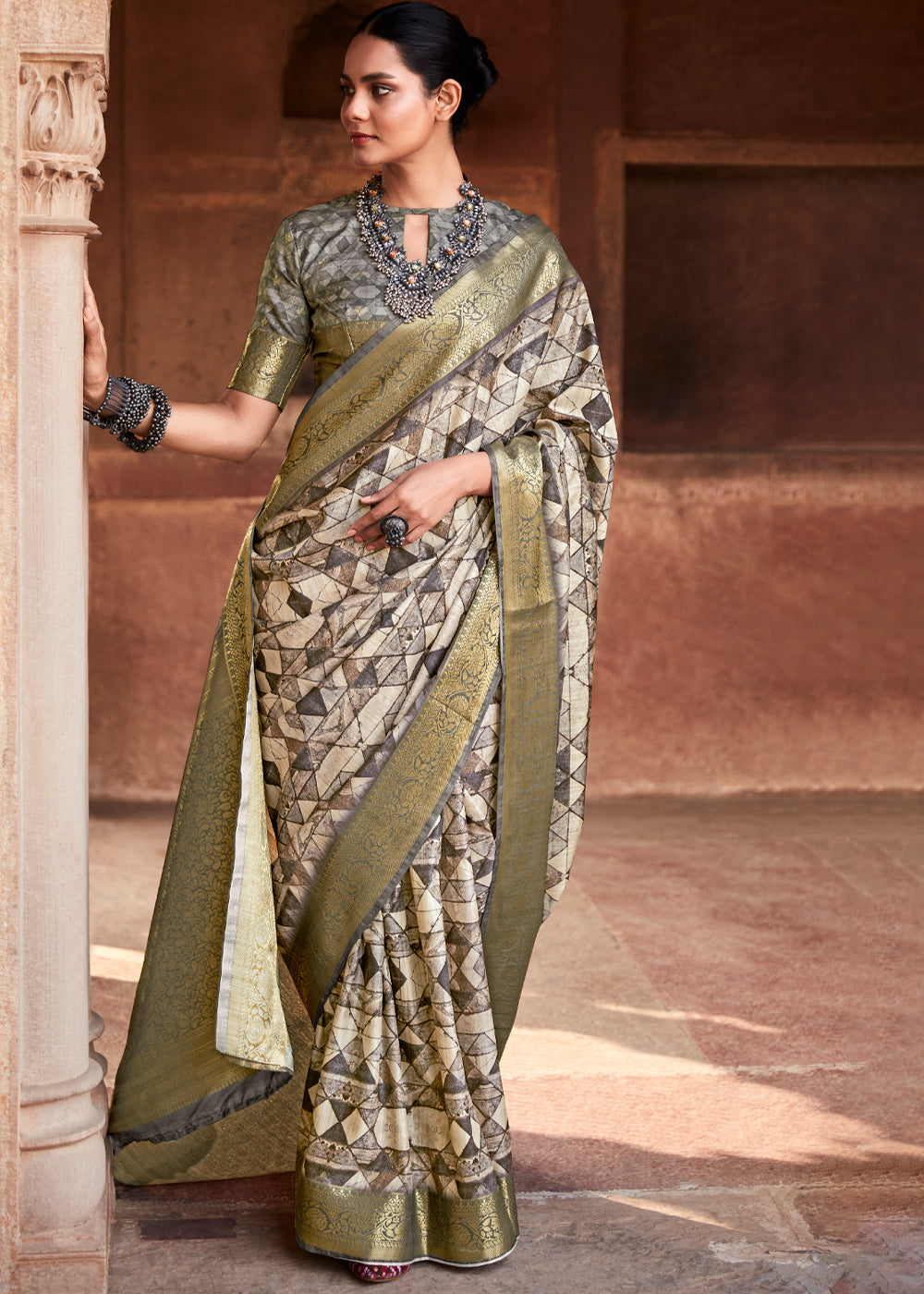 Buy MySilkLove Sandrift Cream and Grey Handloom Banarasi Silk Saree Online