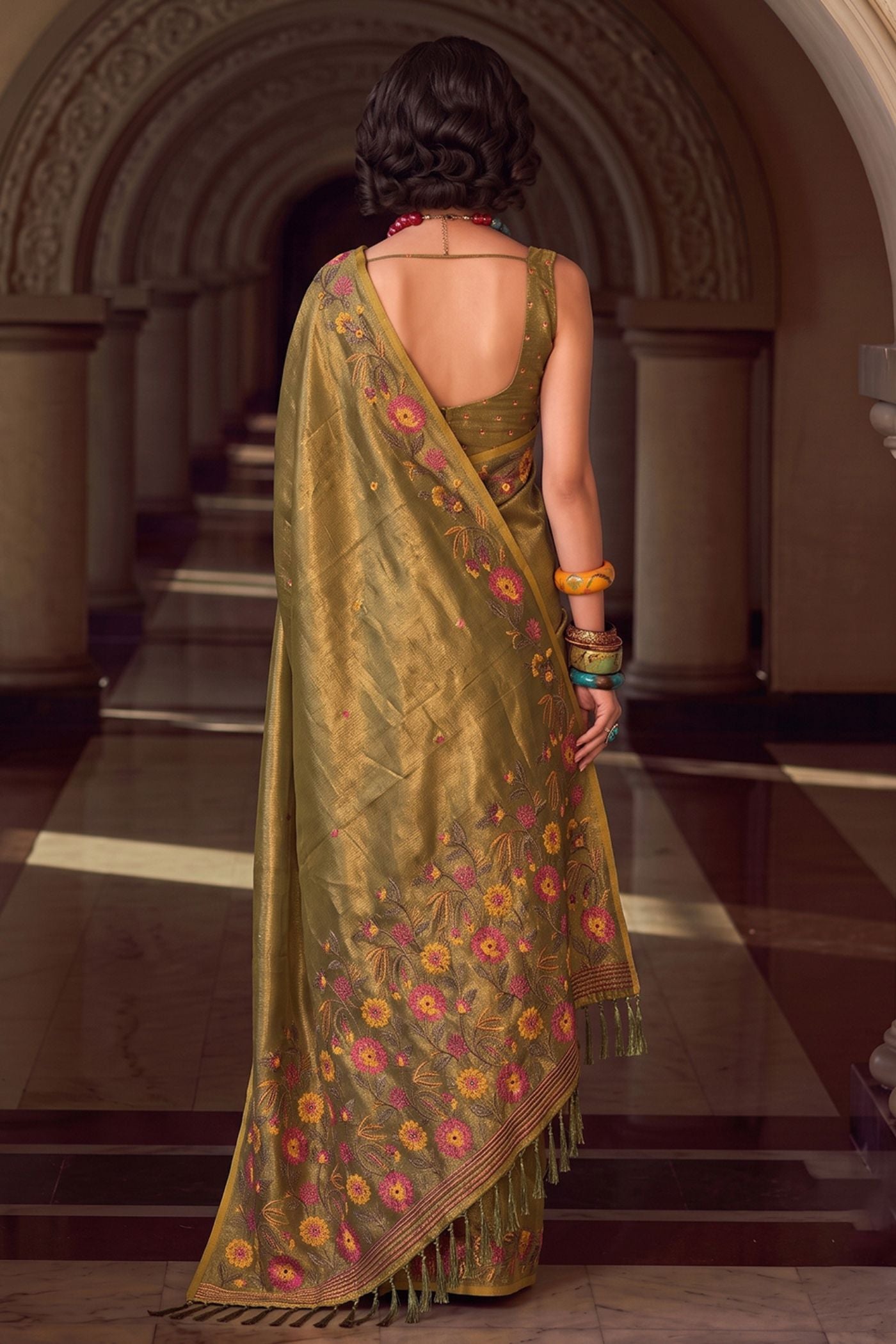 Buy MySilkLove Mehendi Green Woven Floral Tissue Saree Online